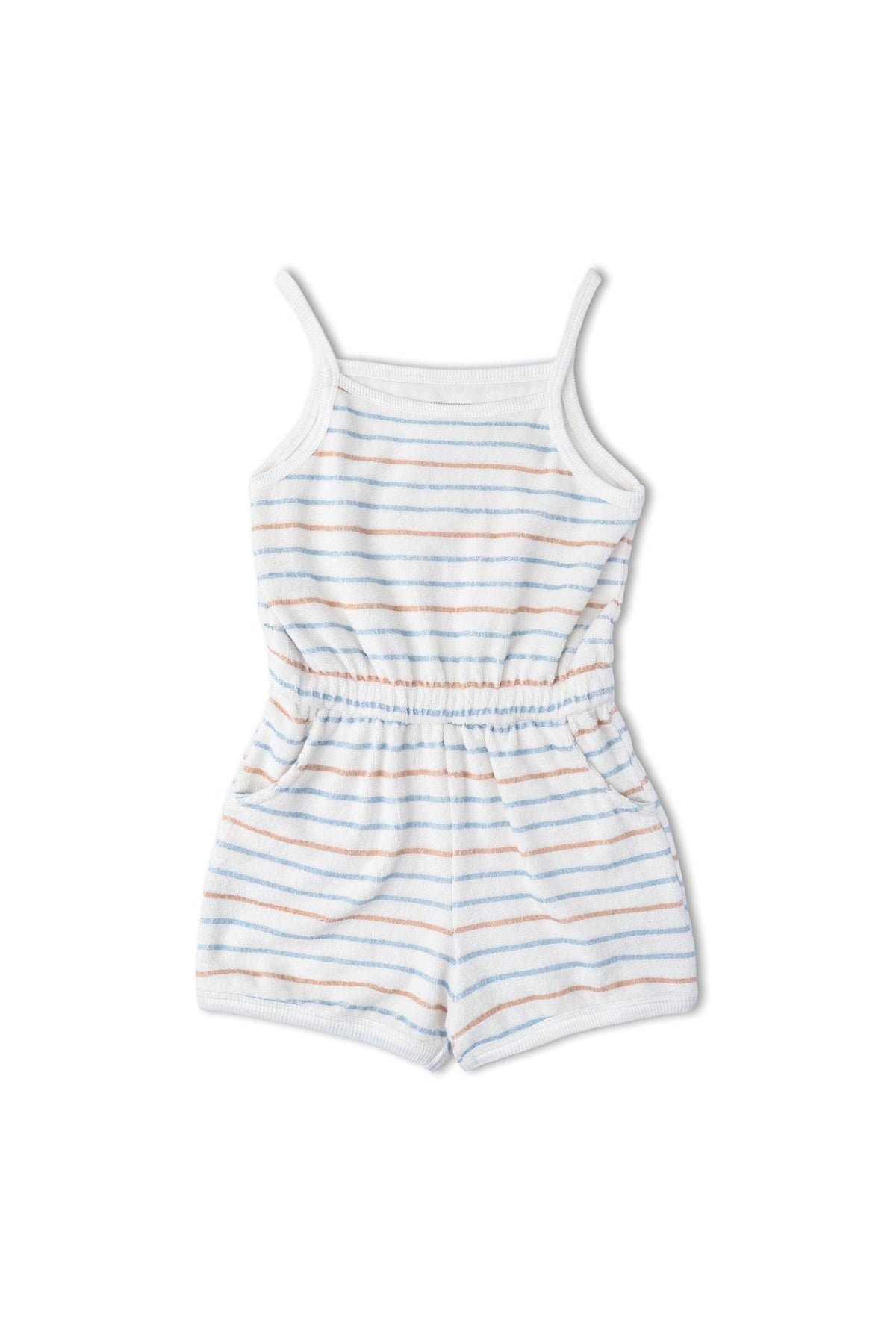 Organic Tank Romper by Makemake Organics features a soft terry fabric with blue and orange stripes. This comfortable, eco-friendly romper is designed for warm-weather play, perfect for children.