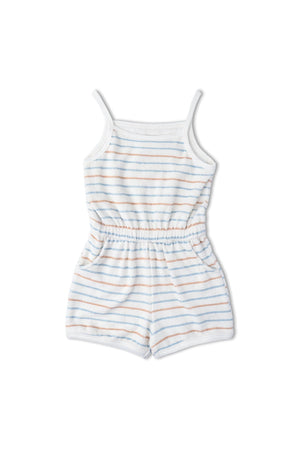 Organic Tank Romper by Makemake Organics features a soft terry fabric with blue and orange stripes. This comfortable, eco-friendly romper is designed for warm-weather play, perfect for children.