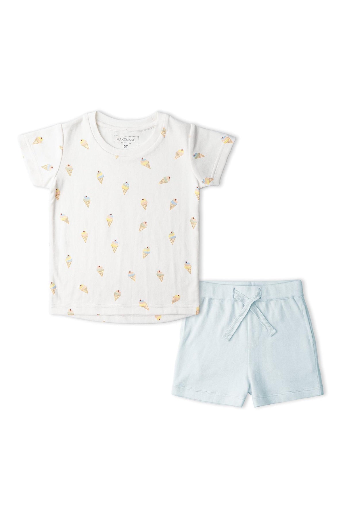 Lightweight, organic cotton tee features a playful ice cream print, paired with soft blue shorts. This comfortable set is perfect for children, promoting ease of movement during play.