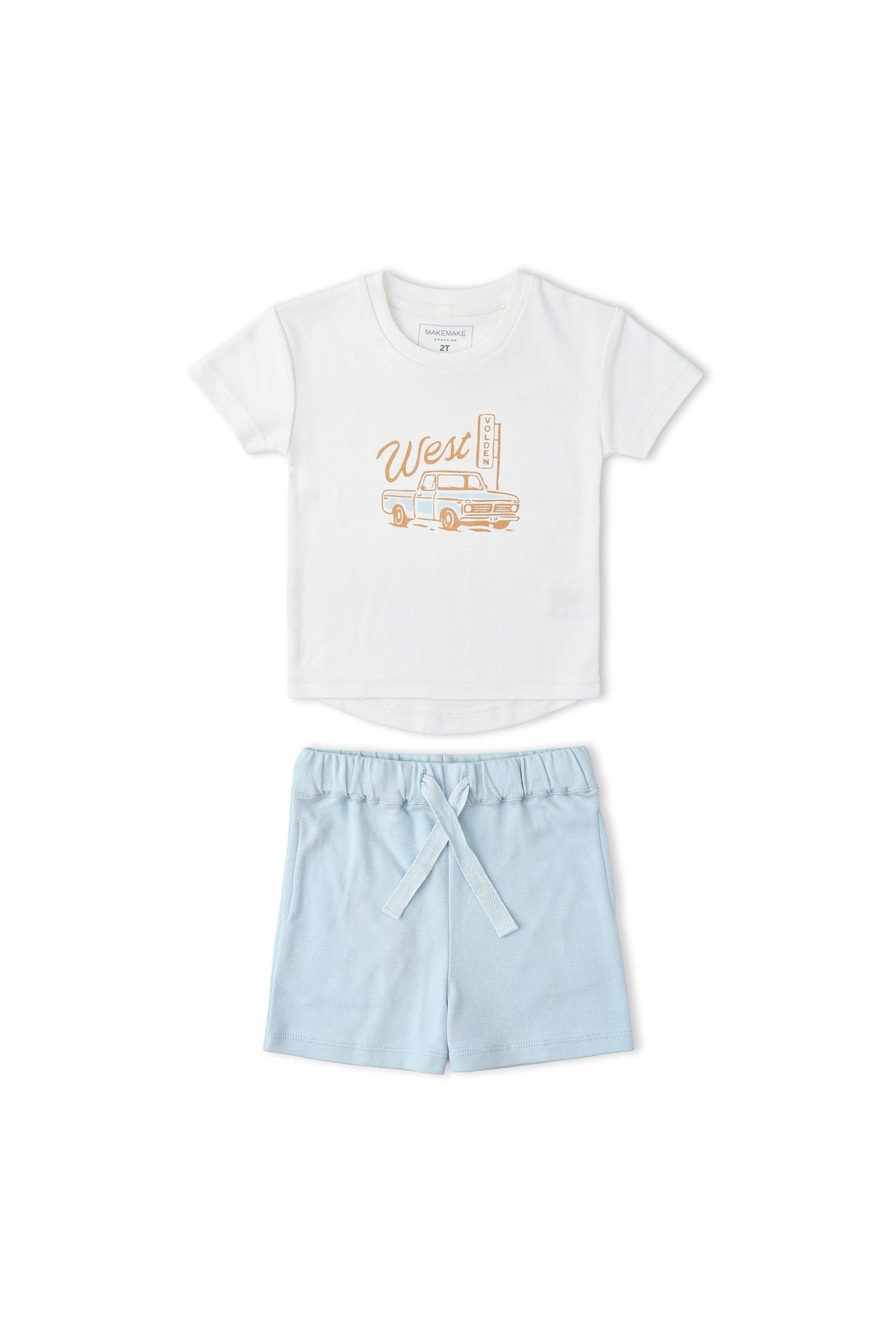 Organic Graphic Tee and Shorts Set featuring a white tee with a vintage truck print and light blue shorts. Made from soft, breathable fabric, perfect for active play.