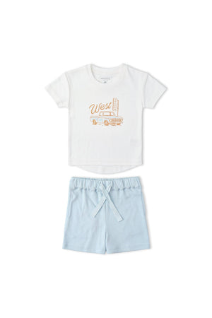 Organic Graphic Tee and Shorts Set featuring a white tee with a vintage truck print and light blue shorts. Made from soft, breathable fabric, perfect for active play.