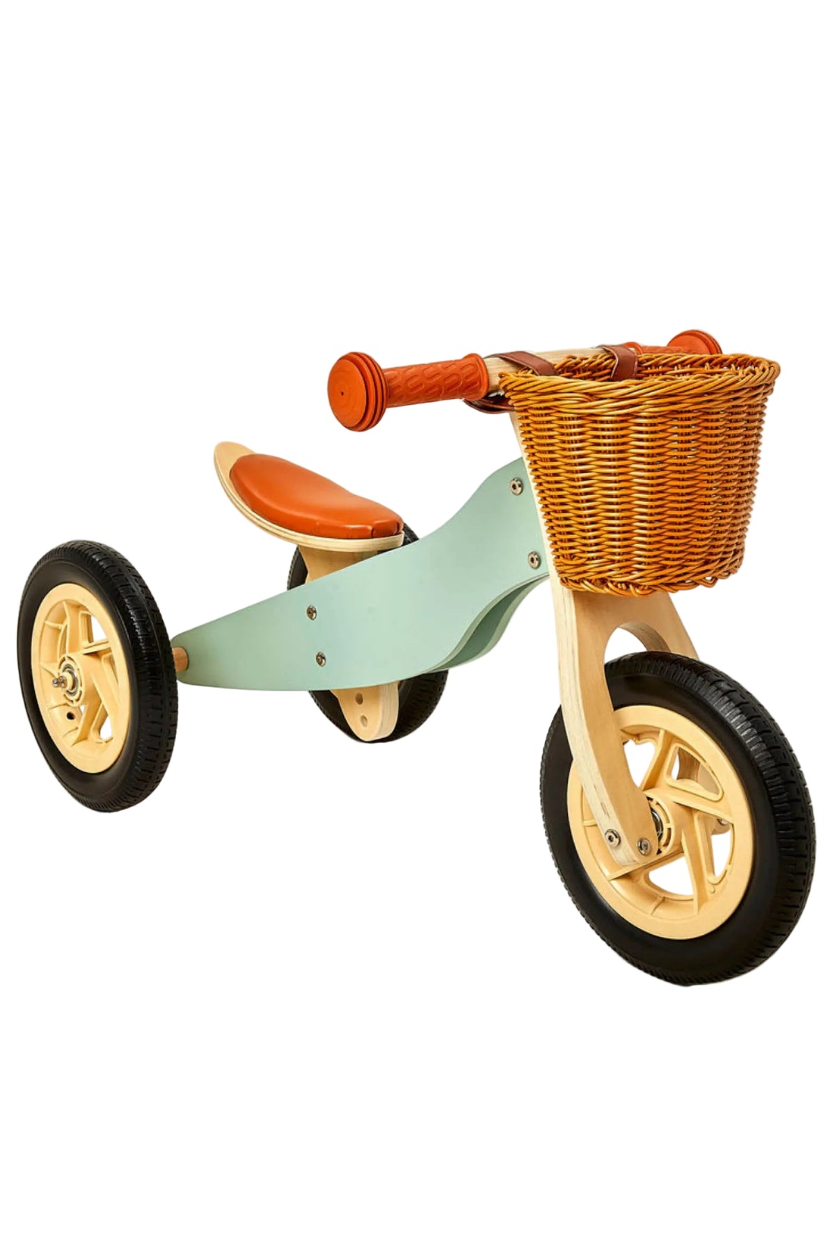 A 2-in-1 Midi Wooden Balance Bike features a mint green frame, wooden construction, and a woven basket. Designed for toddlers aged 2 to 4, it offers stability and style.