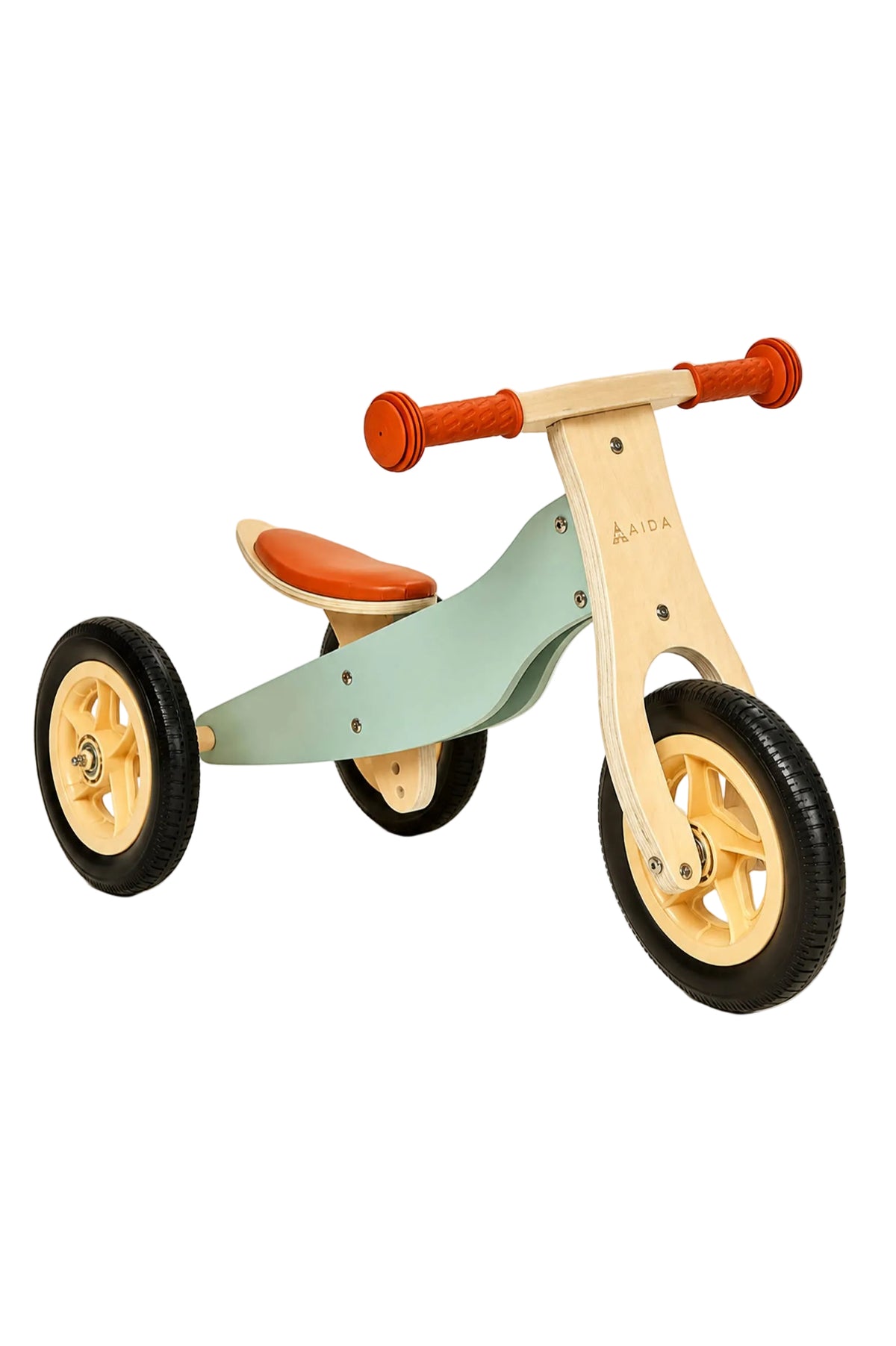 A wooden balance bike in mint green and natural wood features a comfortable orange seat and sturdy rubber wheels.