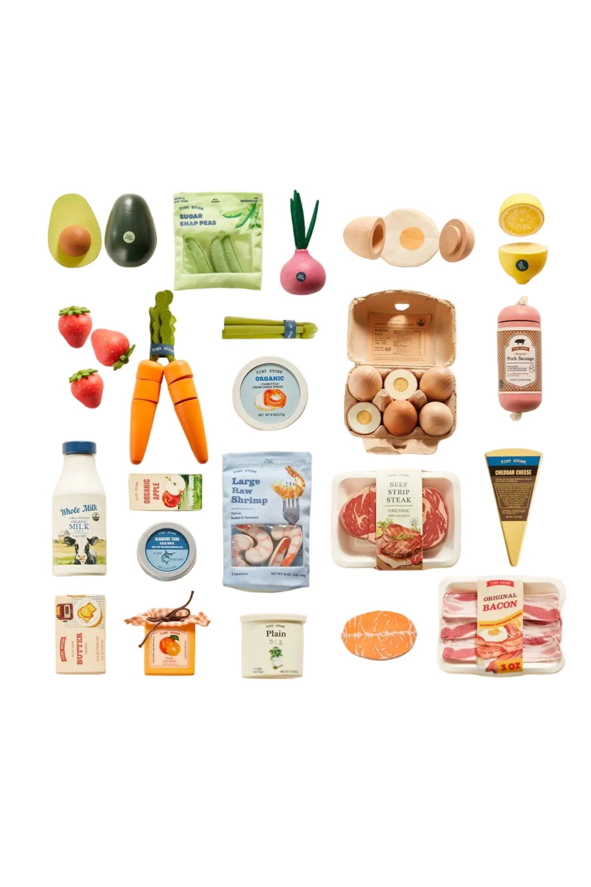 A colorful wooden play food collection features various items, including fruits, vegetables, and packaged foods, designed for imaginative play. Made from sustainable materials, it encourages healthy eating habits in children.