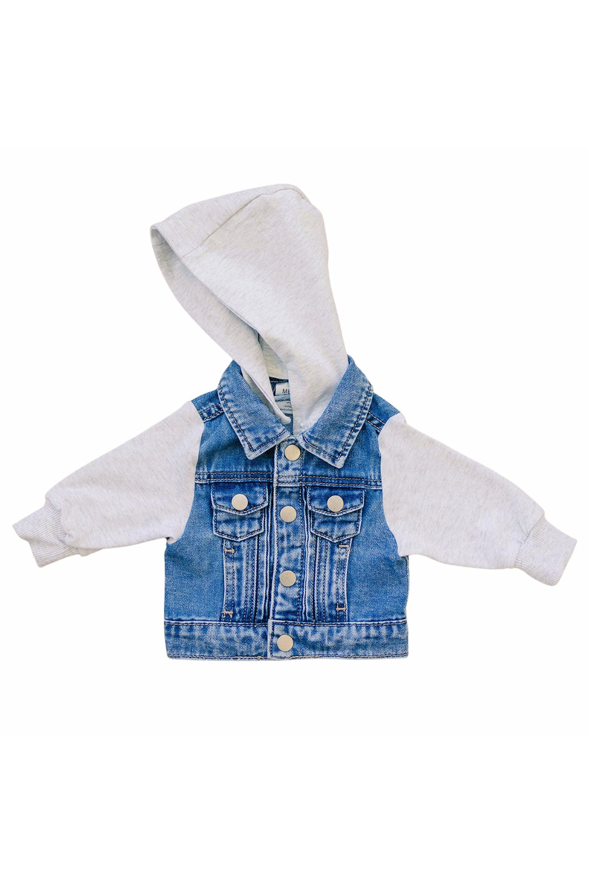 Baby jean jacket with a light grey hood and sleeves, featuring snap buttons, designed for toddlers.