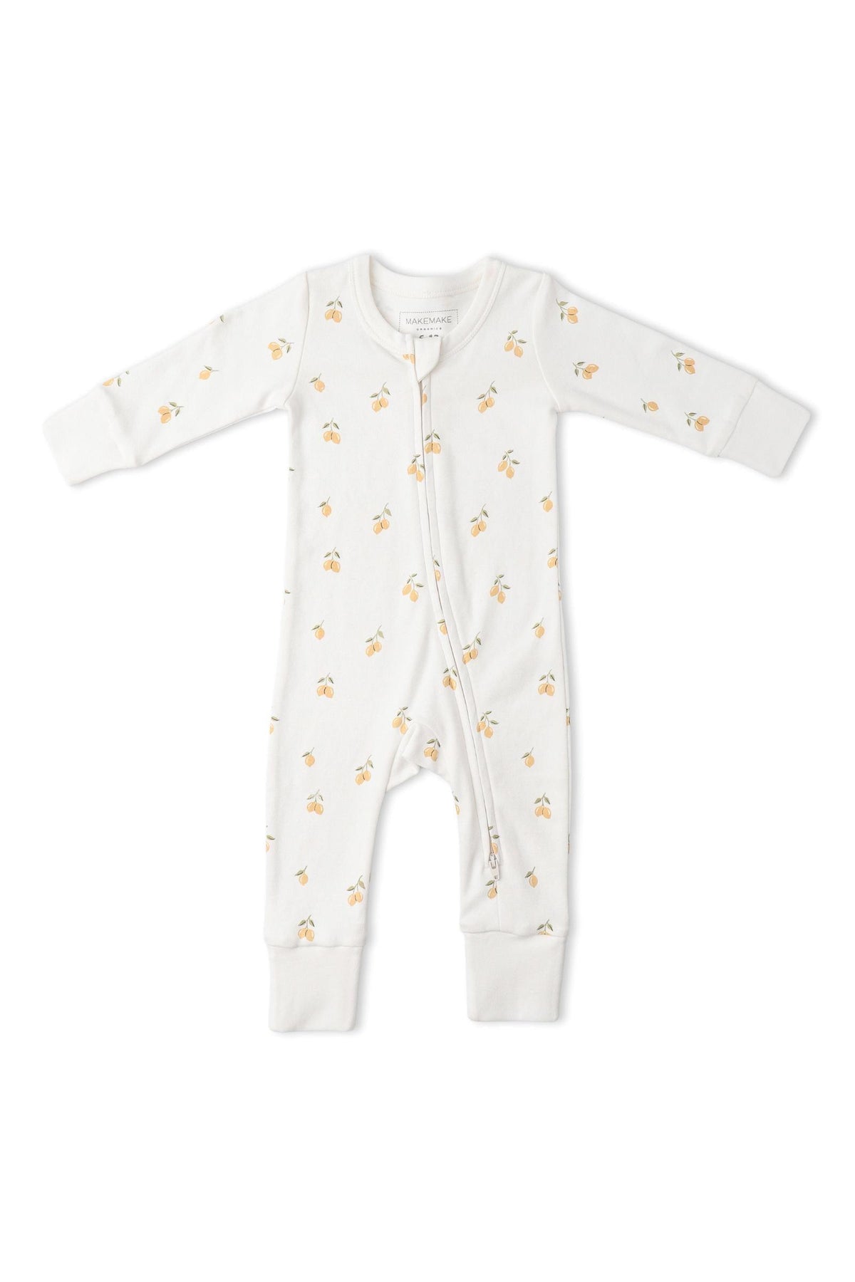 Organic 2-way zip romper featuring a lemon print on a white background. Made from soft, breathable organic cotton, it includes fold-over mittens and foot cuffs for added comfort.