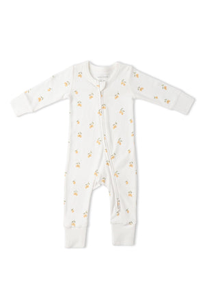 Organic 2-way zip romper featuring a lemon print on a white background. Made from soft, breathable organic cotton, it includes fold-over mittens and foot cuffs for added comfort.
