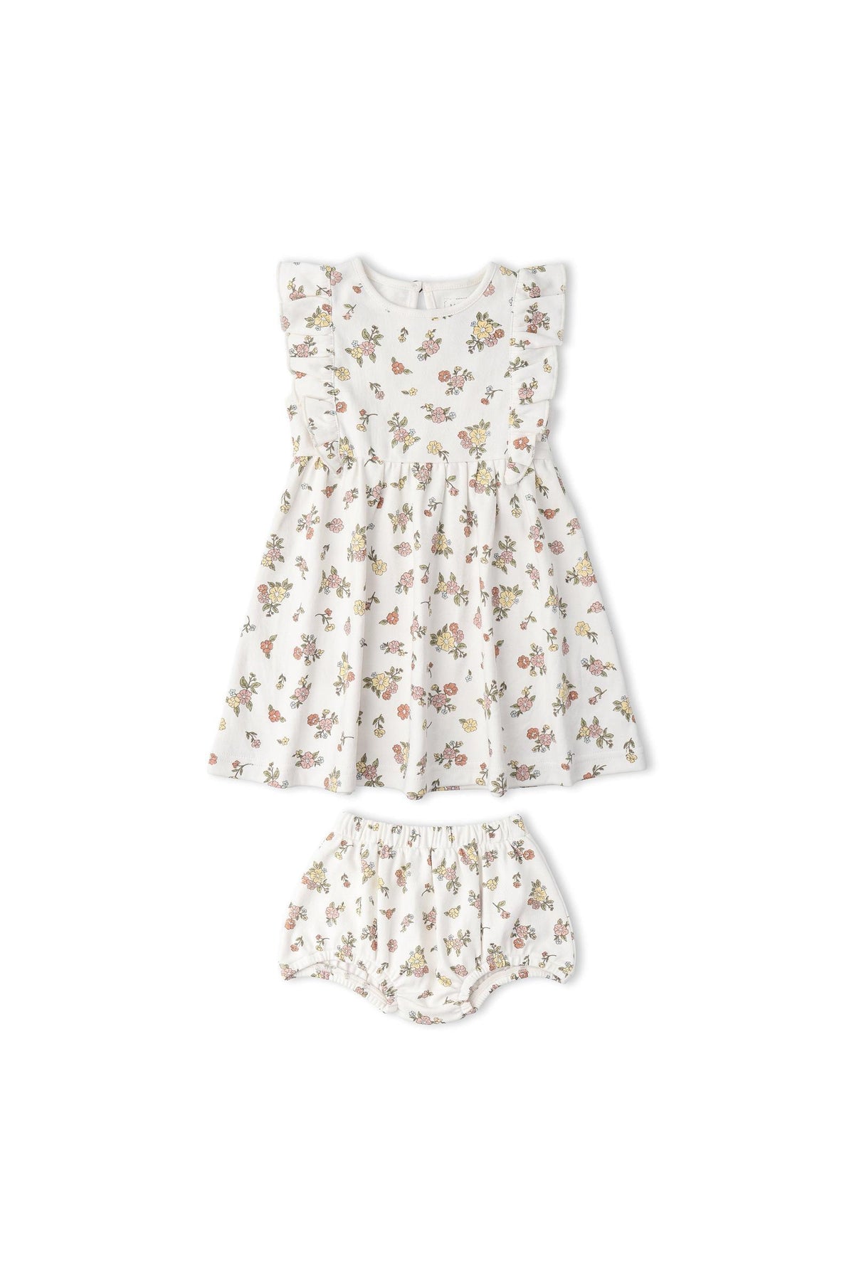 Lightly patterned with delicate flowers, this organic cotton flutter dress set features a sleeveless dress with ruffled sleeves and matching bloomers, perfect for a baby girls wardrobe.