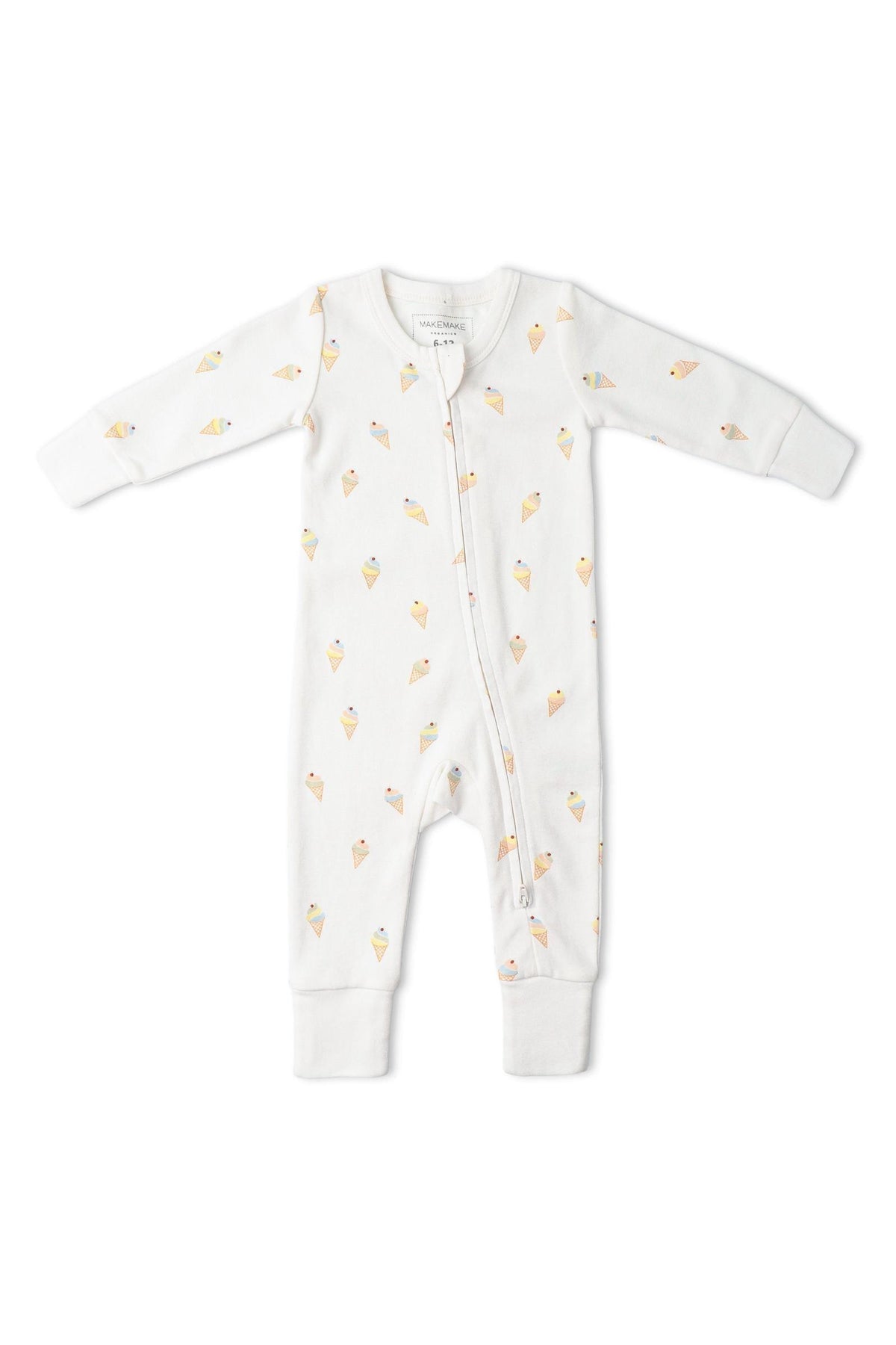 Organic cotton romper featuring an ice cream cone print, designed for infants. The soft, breathable fabric includes a two-way zipper for easy diaper changes and fold-over mittens for comfort.