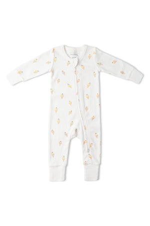 Organic cotton romper featuring an ice cream cone print, designed for infants. The soft, breathable fabric includes a two-way zipper for easy diaper changes and fold-over mittens for comfort.