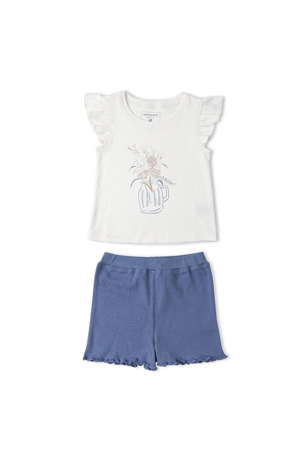 A sleeveless white top with flutter sleeves features a floral design, paired with blue shorts that have a ruffled hem. This organic cotton set is perfect for warm weather.