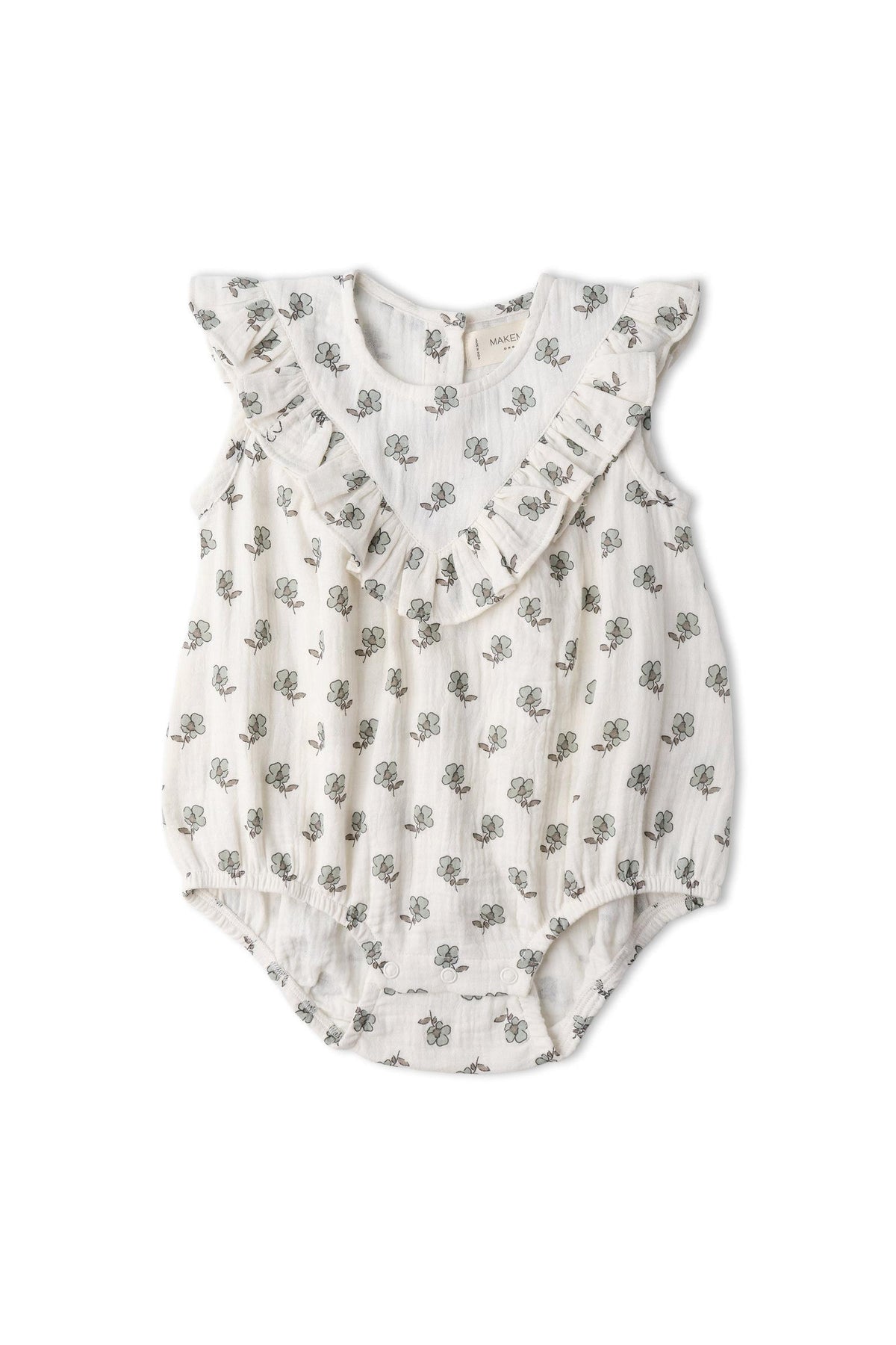 Lightweight organic cotton romper featuring a white background with a delicate floral print and ruffle detailing along the shoulders, perfect for keeping little ones comfortable and stylish.