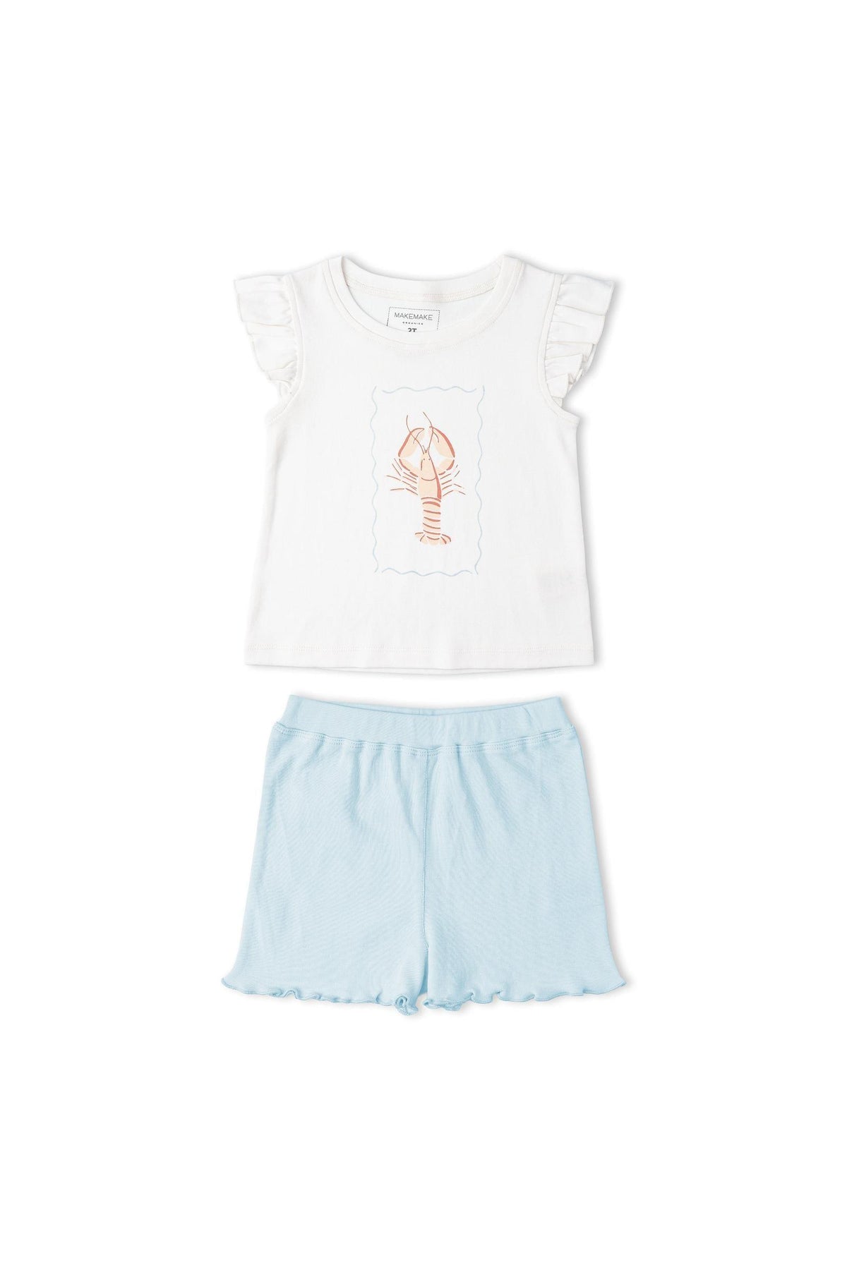A charming organic cotton sleeveless top features a lobster print, paired with light blue shorts. The set includes delicate ruffles, making it perfect for warm-weather adventures.