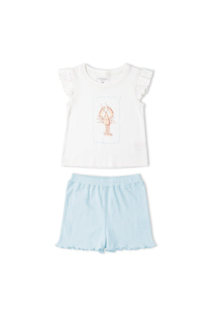A charming organic cotton sleeveless top features a lobster print, paired with light blue shorts. The set includes delicate ruffles, making it perfect for warm-weather adventures.