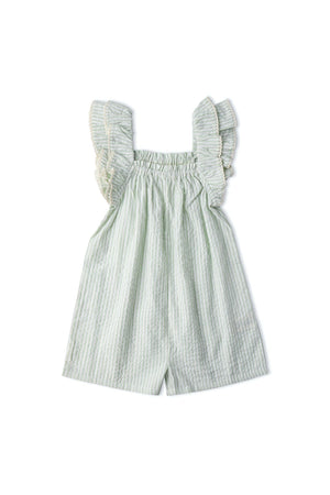 A light green striped jumpsuit featuring ruffled sleeves and an elastic waistband, made from soft, organic cotton. Ideal for playful outings, this stylish piece is perfect for young children.