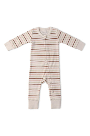 Organic 2-way zip romper in soft, breathable cotton features Terra Stripes in earthy tones. Designed for comfort, it includes fold-over mittens and foot cuffs for cozy wear.