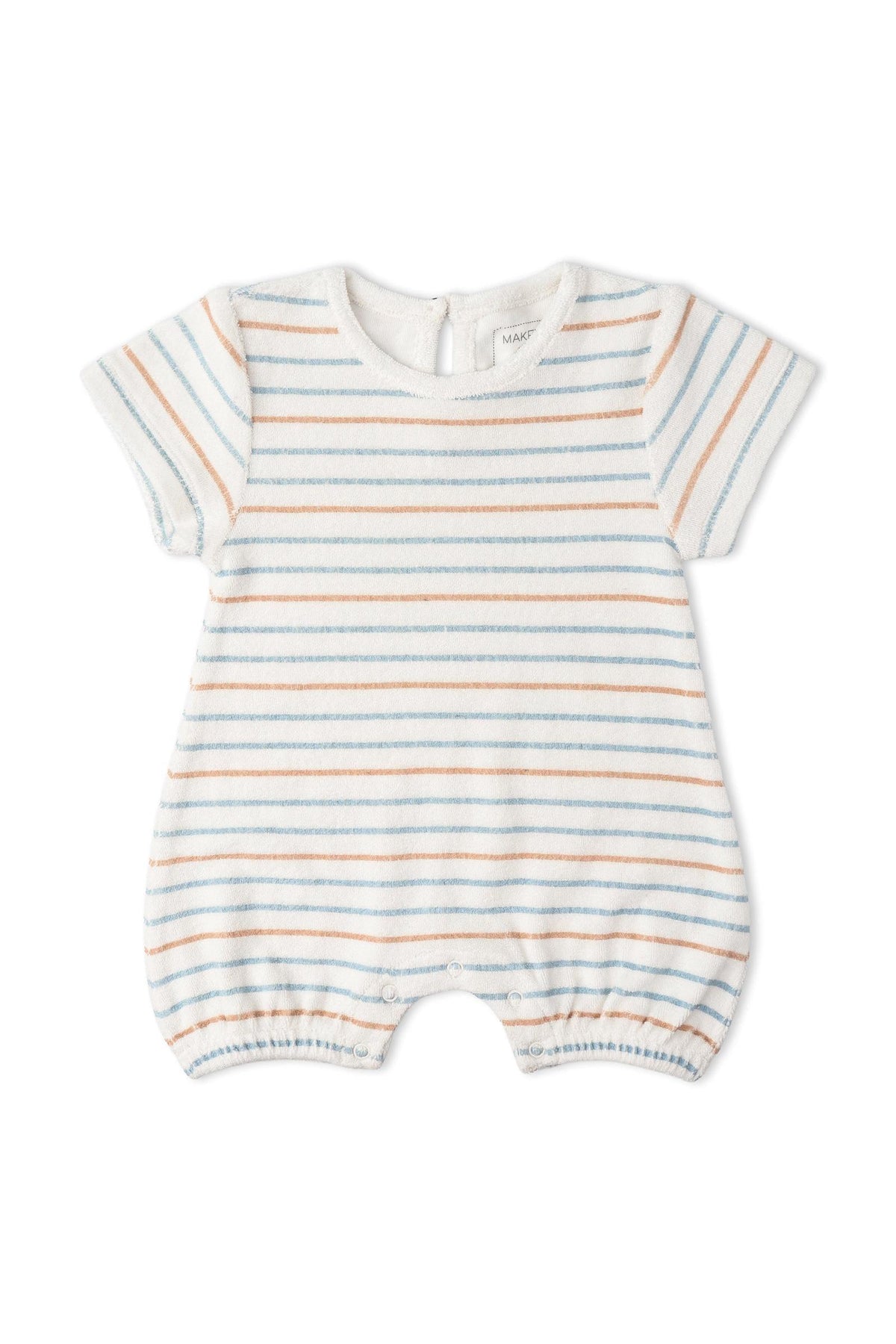 Soft organic cotton short romper featuring playful cabana stripes in pastel colors. This comfortable, breathable one-piece is perfect for warm-weather adventures and made for sustainable, family-friendly wear.