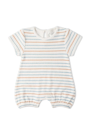 Soft organic cotton short romper featuring playful cabana stripes in pastel colors. This comfortable, breathable one-piece is perfect for warm-weather adventures and made for sustainable, family-friendly wear.