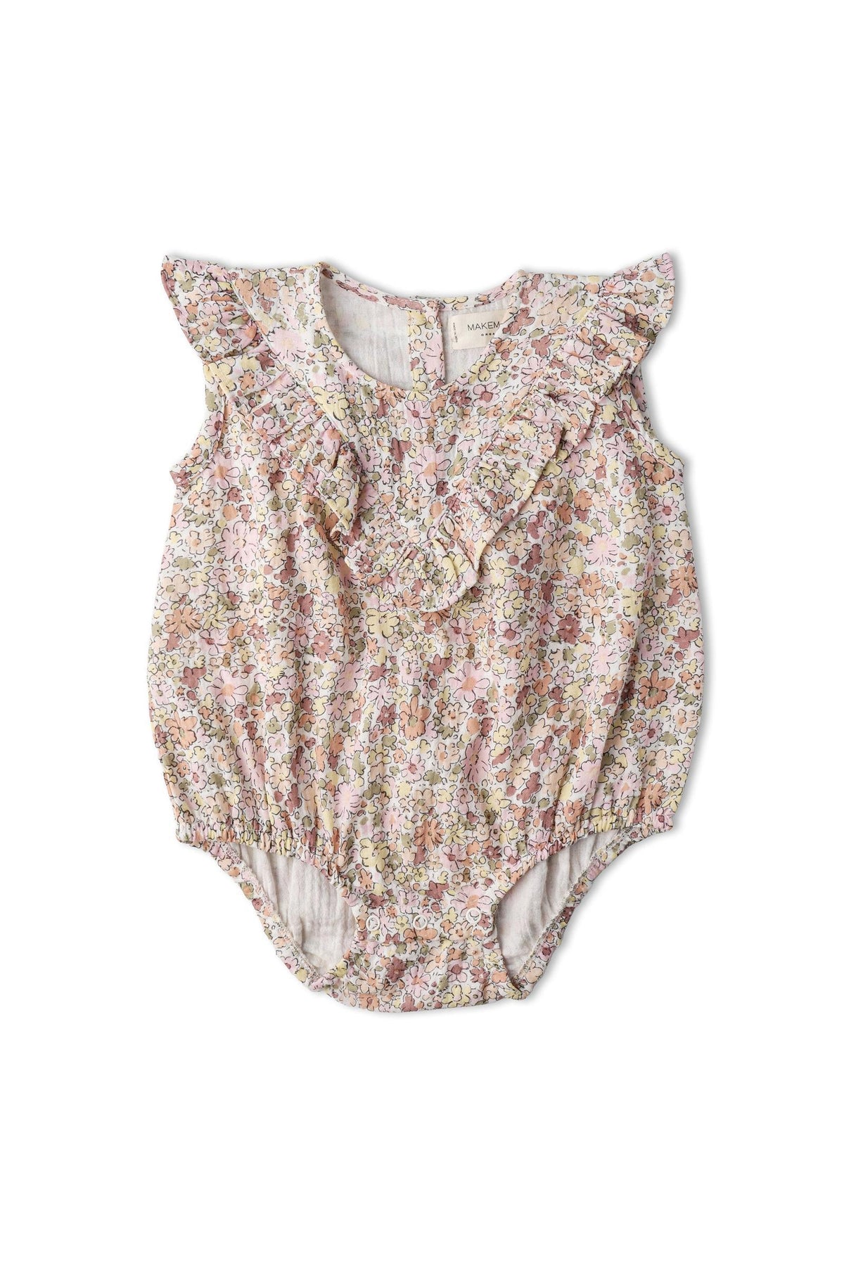 Pastel floral-patterned organic cotton sleeveless ruffle bubble romper with delicate ruffles, featuring a soft and comfortable design for young children. Ideal for warm weather play and outings.