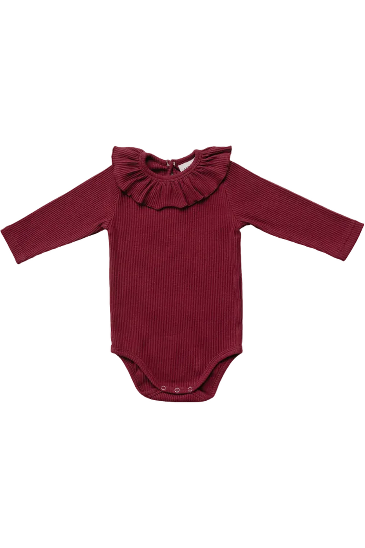 Burgundy ribbed cotton bodysuit featuring a ruffled collar and long sleeves, designed for baby girls. Ideal for everyday wear and made from soft, sustainable materials for comfort and flexibility.