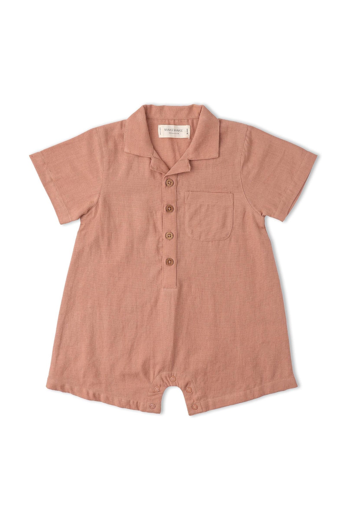Organic Collared Romper in clay color, featuring a smart collar, wooden buttons, and a front pocket. Made from a breathable linen-cotton blend, its perfect for warm days.