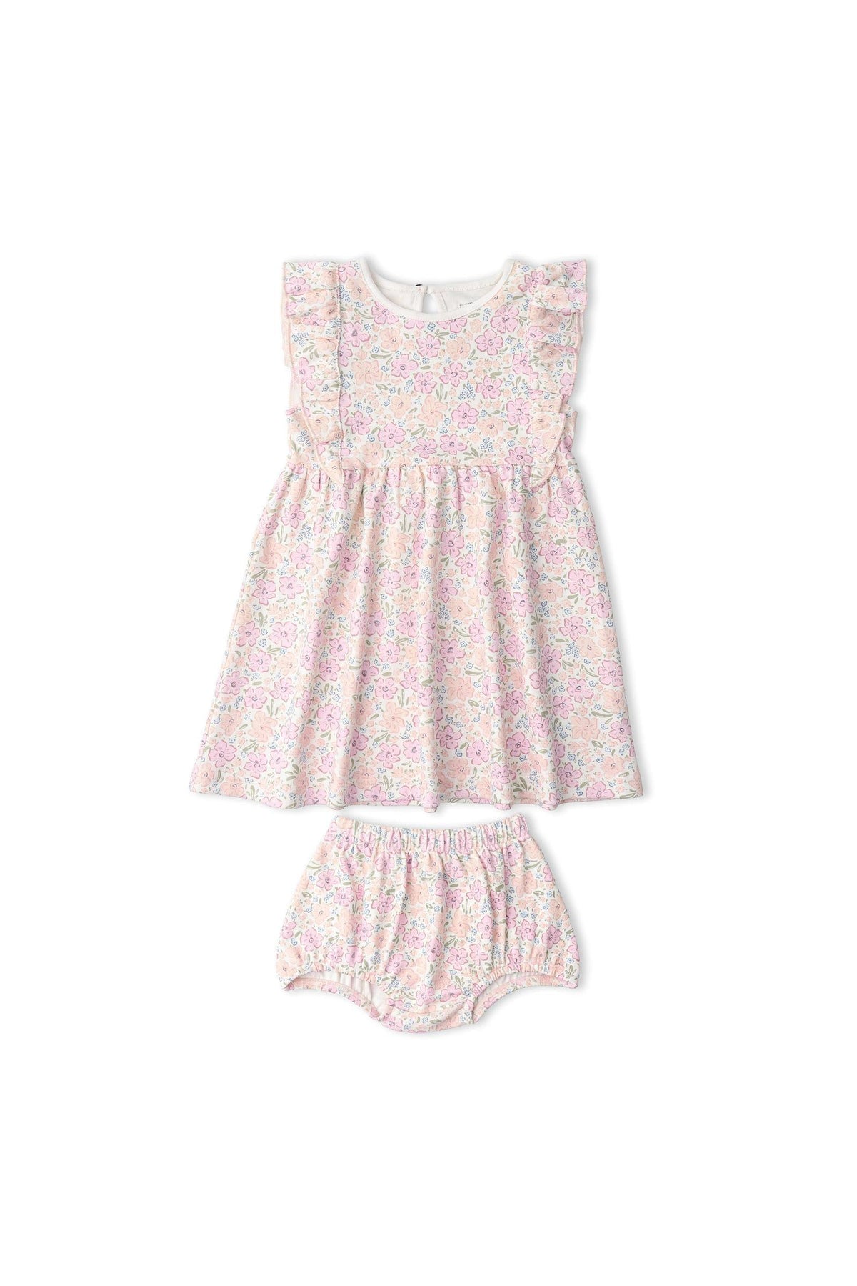 A floral-patterned organic cotton dress in soft pink hues, featuring flutter sleeves and a gathered waist, accompanied by matching bloomers. Ideal for baby girls, this outfit emphasizes sustainable fashion.