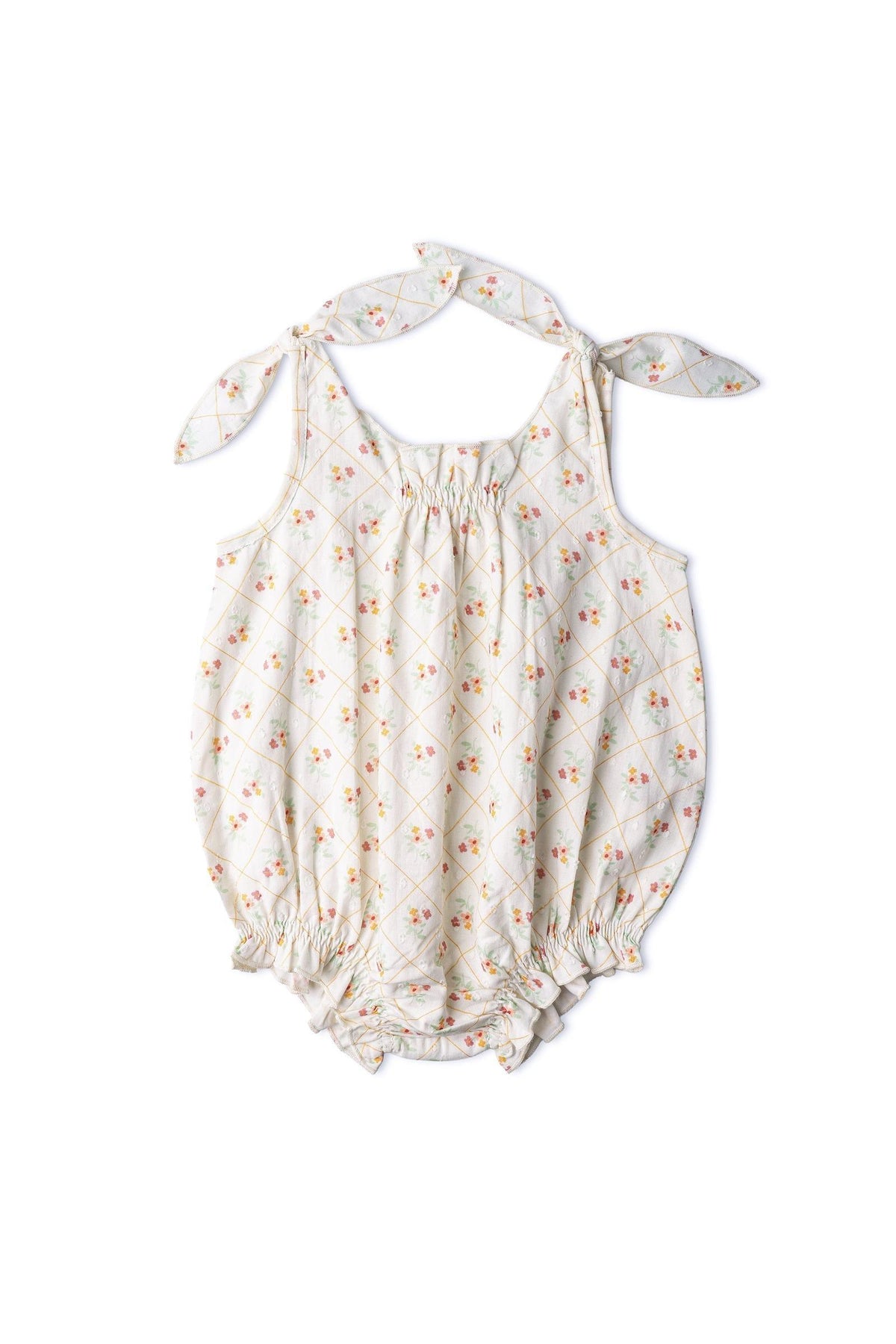 Lightly patterned in soft pastel colors, this organic cotton tie shoulder bubble romper features adjustable straps and a relaxed silhouette, perfect for comfortable play. Ideal for everyday wear.