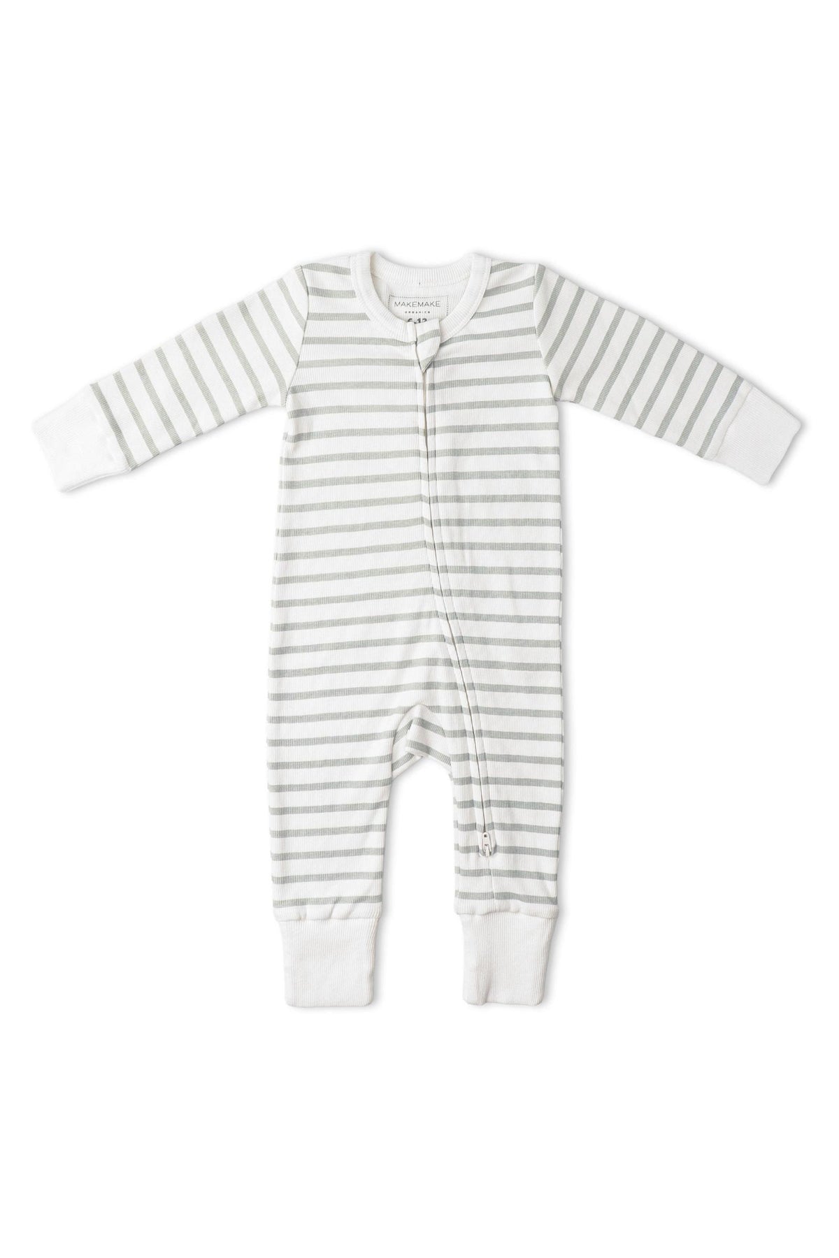 Light gray and white striped organic cotton romper featuring a two-way zipper, long sleeves, and fold-over mittens. Ideal for comfort and easy diaper changes for infants.