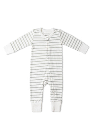 Light gray and white striped organic cotton romper featuring a two-way zipper, long sleeves, and fold-over mittens. Ideal for comfort and easy diaper changes for infants.