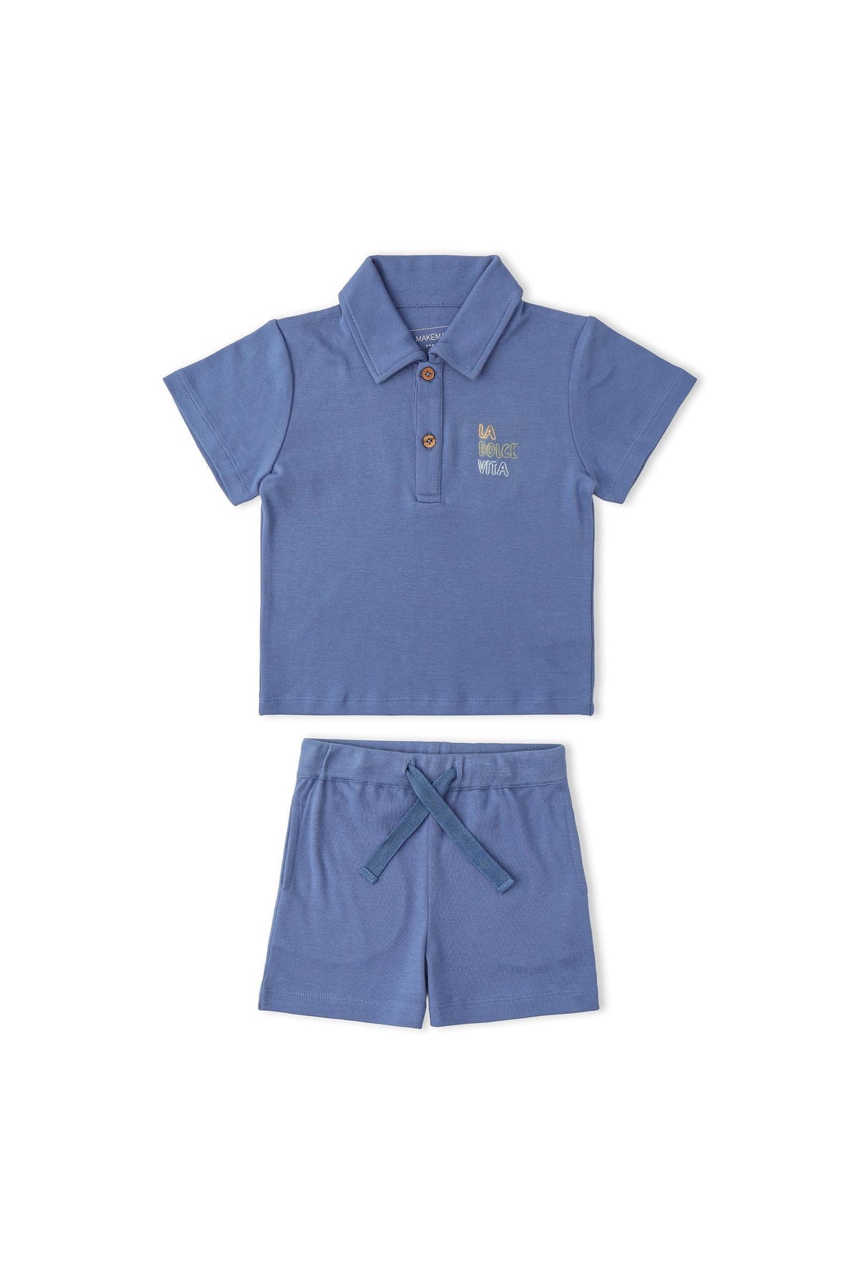 A slate blue organic cotton polo shirt with a collar and three buttons is paired with matching shorts featuring a drawstring waist. This playful set is perfect for children.
