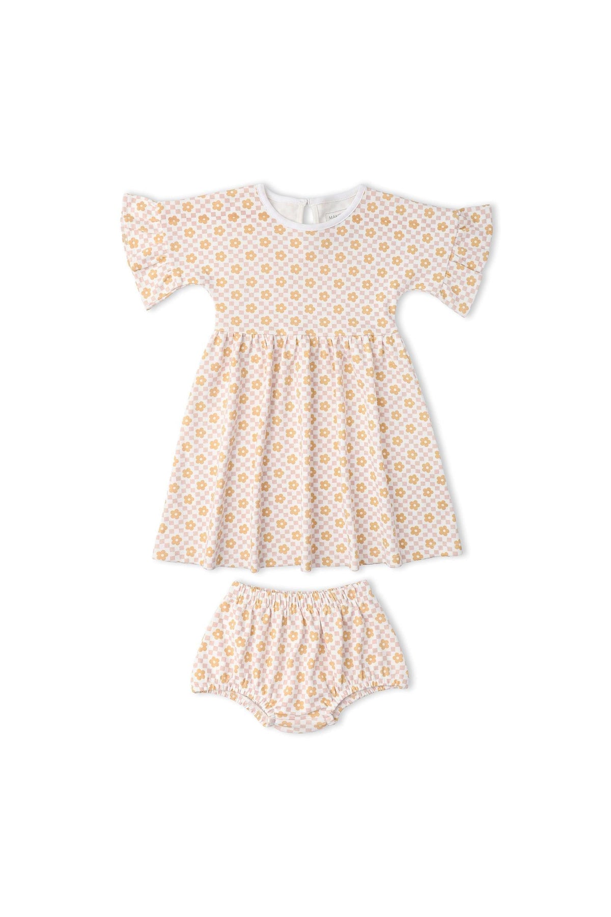 A light yellow floral dress with short dolman sleeves and a playful gathered skirt, paired with matching bloomers. Made from soft organic cotton, it’s perfect for everyday comfort.