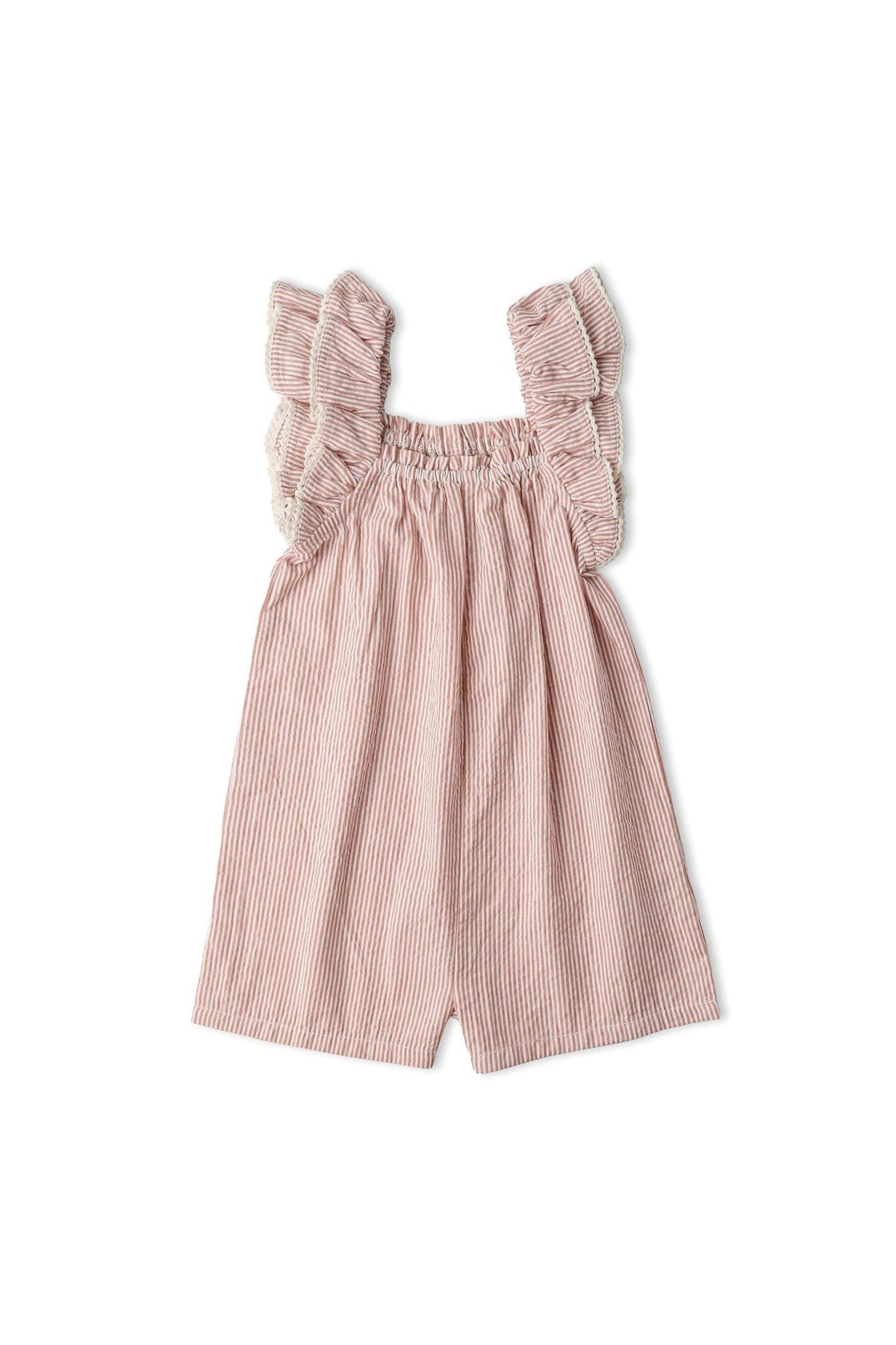 A coral-striped organic cotton jumpsuit features flutter ruffles on the shoulders, perfect for stylish, playful days. Its comfortable design makes it ideal for young children.