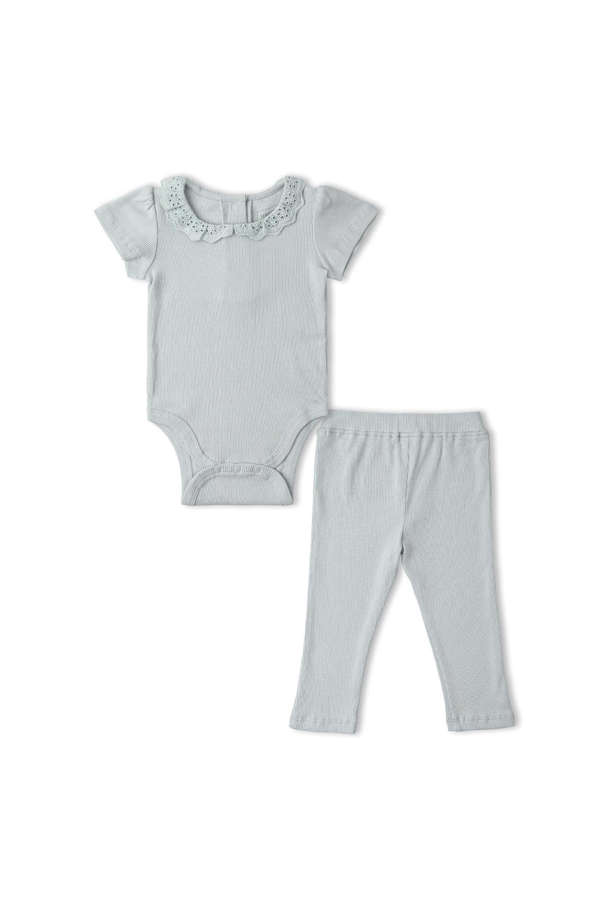 Light gray organic cotton onesie with a lace collar paired with matching leggings. This comfortable set is designed for infants, offering softness and stretch for everyday wear.
