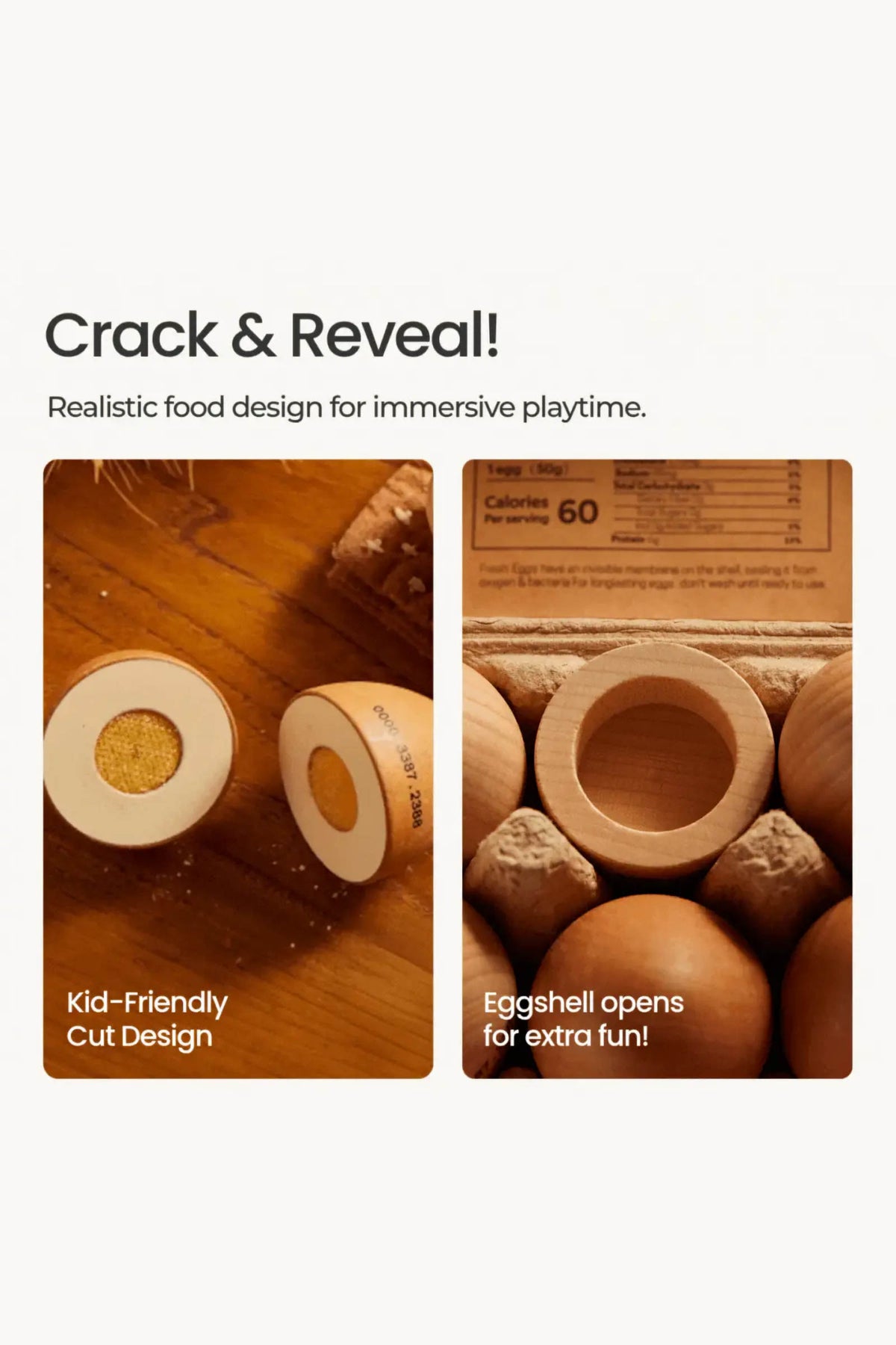 A close-up of a wooden egg playset showing a realistic cut design, with one egg cracked open to reveal a golden yolk. The set encourages imaginative play for children.