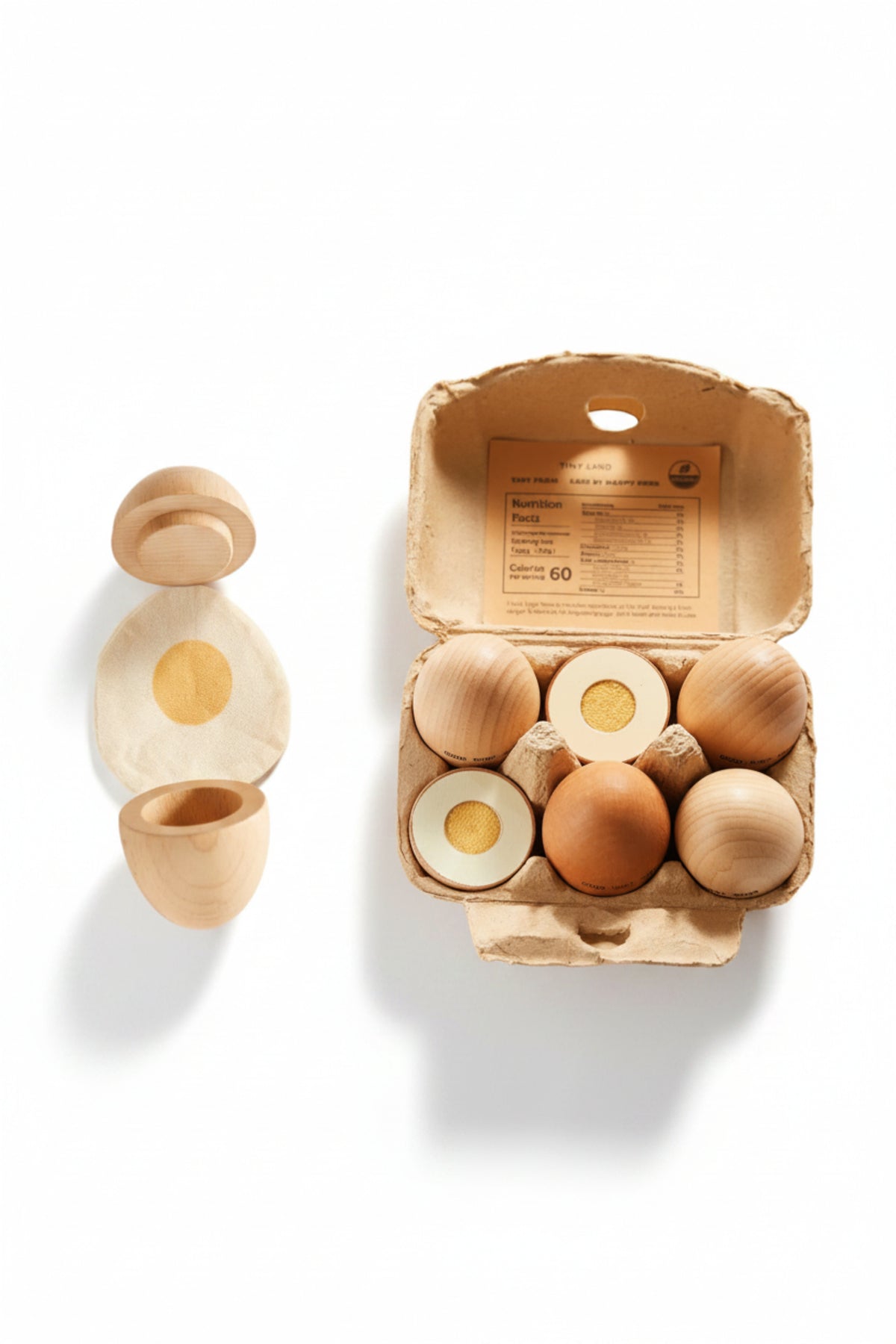 A wooden egg playset featuring six eggs in various colors, nestled in a cardboard-style egg carton. The set promotes imaginative play and sensory exploration for young children.