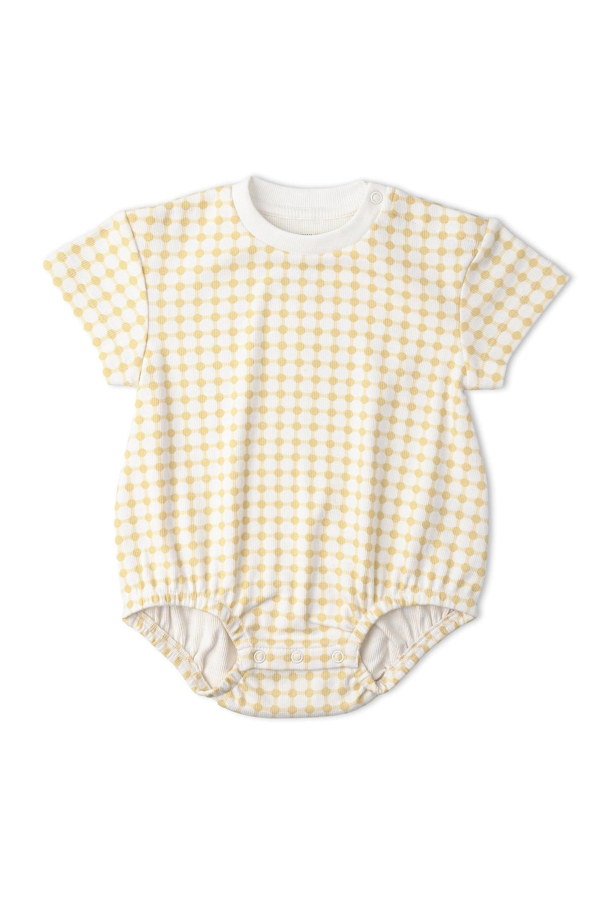Short sleeve bubble romper in a yellow dotty gingham print made from soft organic cotton. Designed for comfort and movement, perfect for playtime and everyday wear.