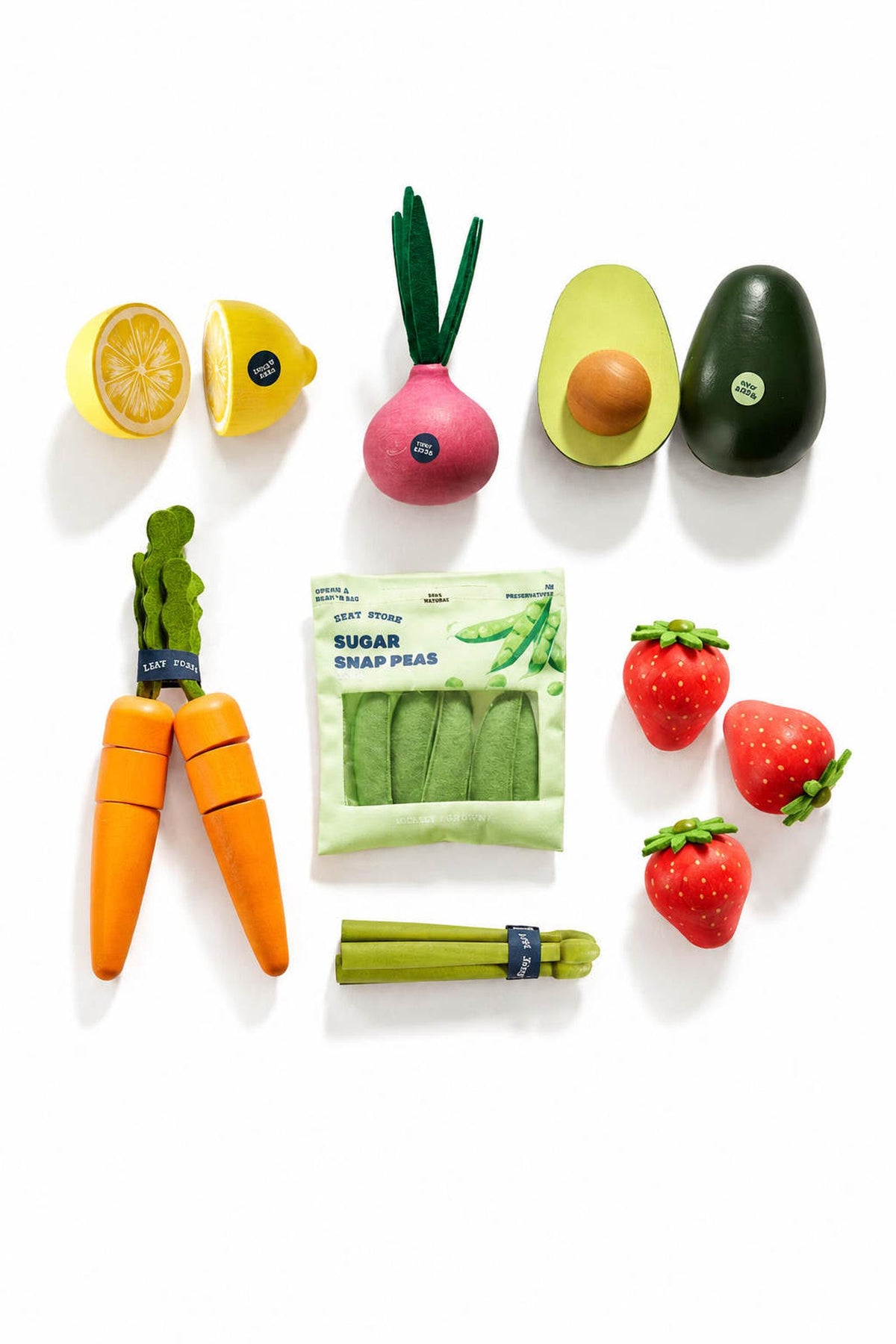 A colorful wooden play food set featuring various fruits and vegetables, including carrots, strawberries, and avocados. The eco-friendly materials promote imaginative play for children.