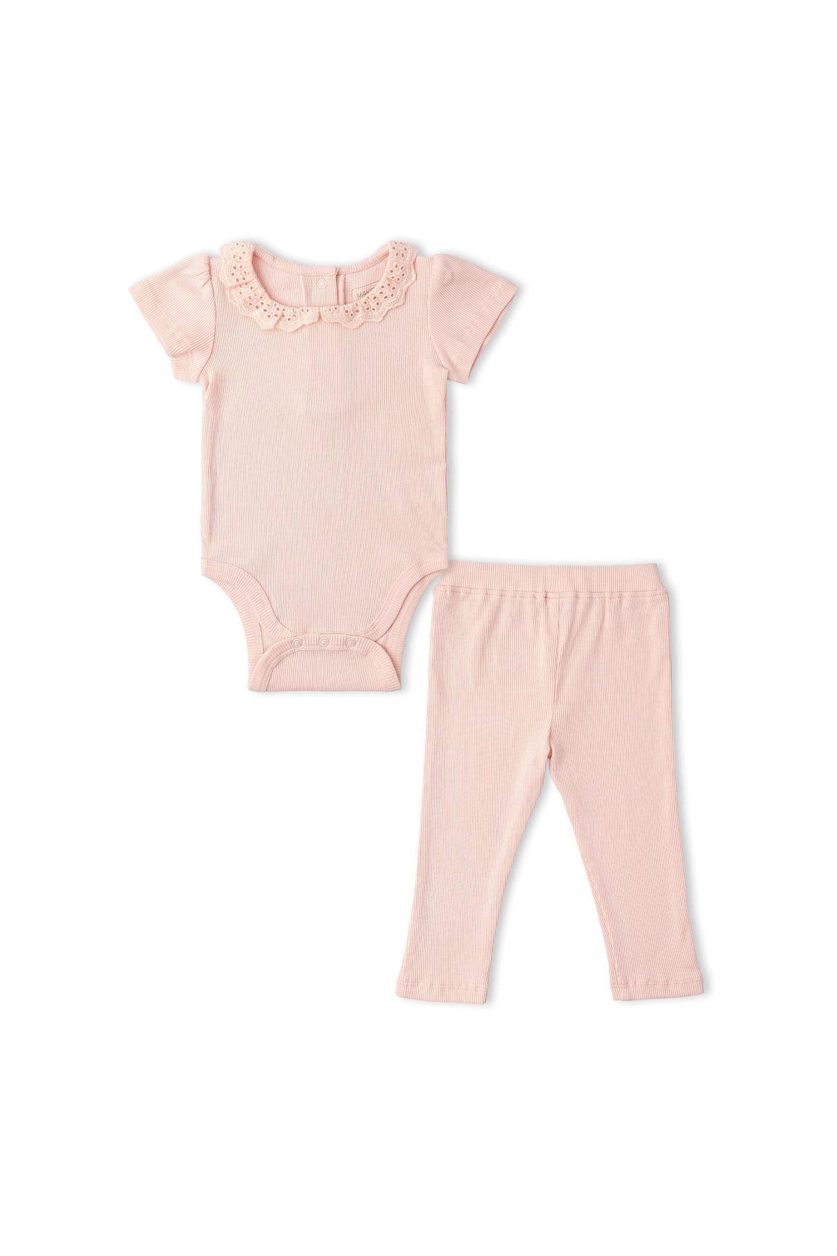 A soft blush organic cotton onesie features a lace collar, paired with matching stretchy leggings. This comfortable set is ideal for young children’s playtime and everyday wear.