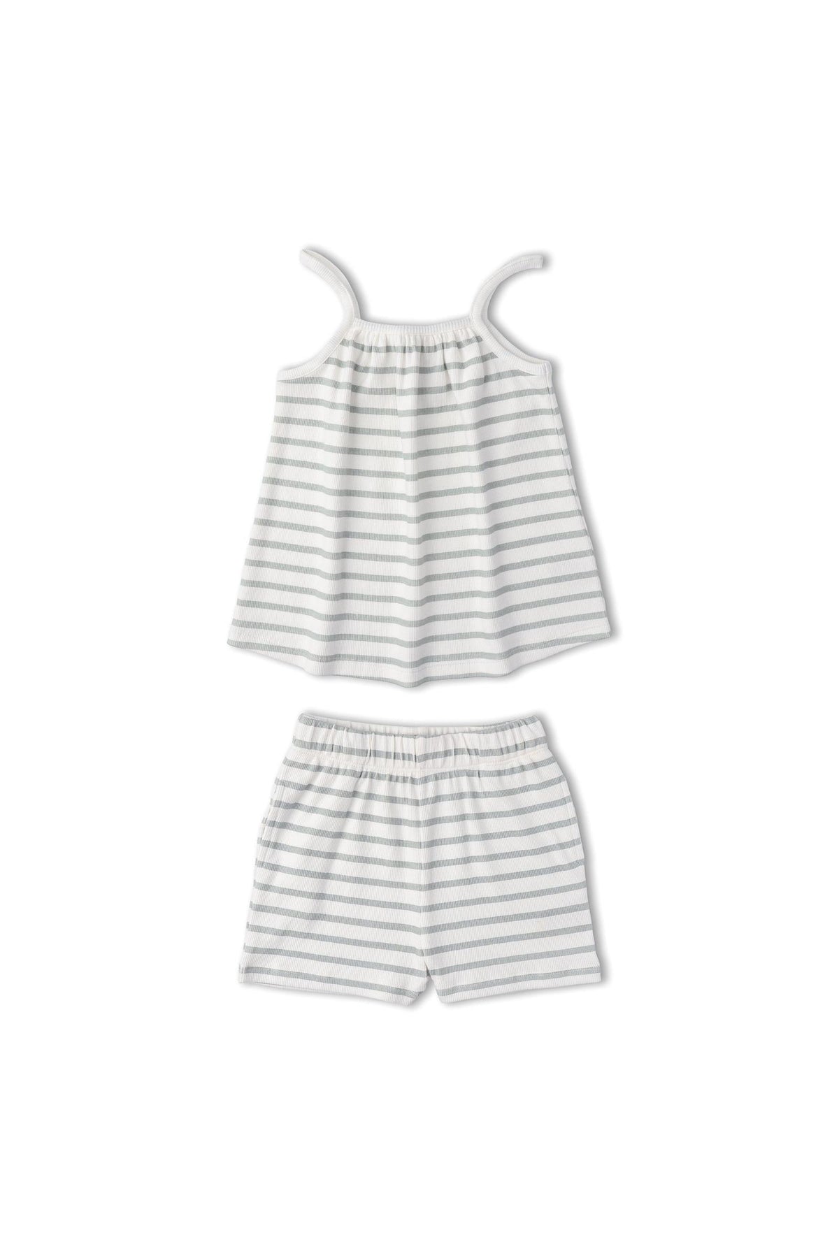 Organic cotton tank top and shorts set in fog stripes, featuring a soft ribbed texture and adjustable straps, perfect for keeping little ones cool and comfortable during warm days.