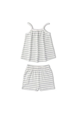 Organic cotton tank top and shorts set in fog stripes, featuring a soft ribbed texture and adjustable straps, perfect for keeping little ones cool and comfortable during warm days.