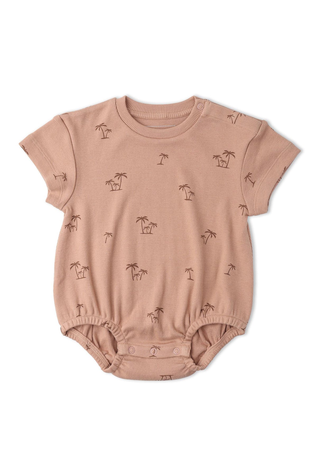 A soft, organic cotton bubble romper in a warm, dusty rose color features a palm tree print. This short sleeve design is perfect for active toddlers, ensuring comfort and style.