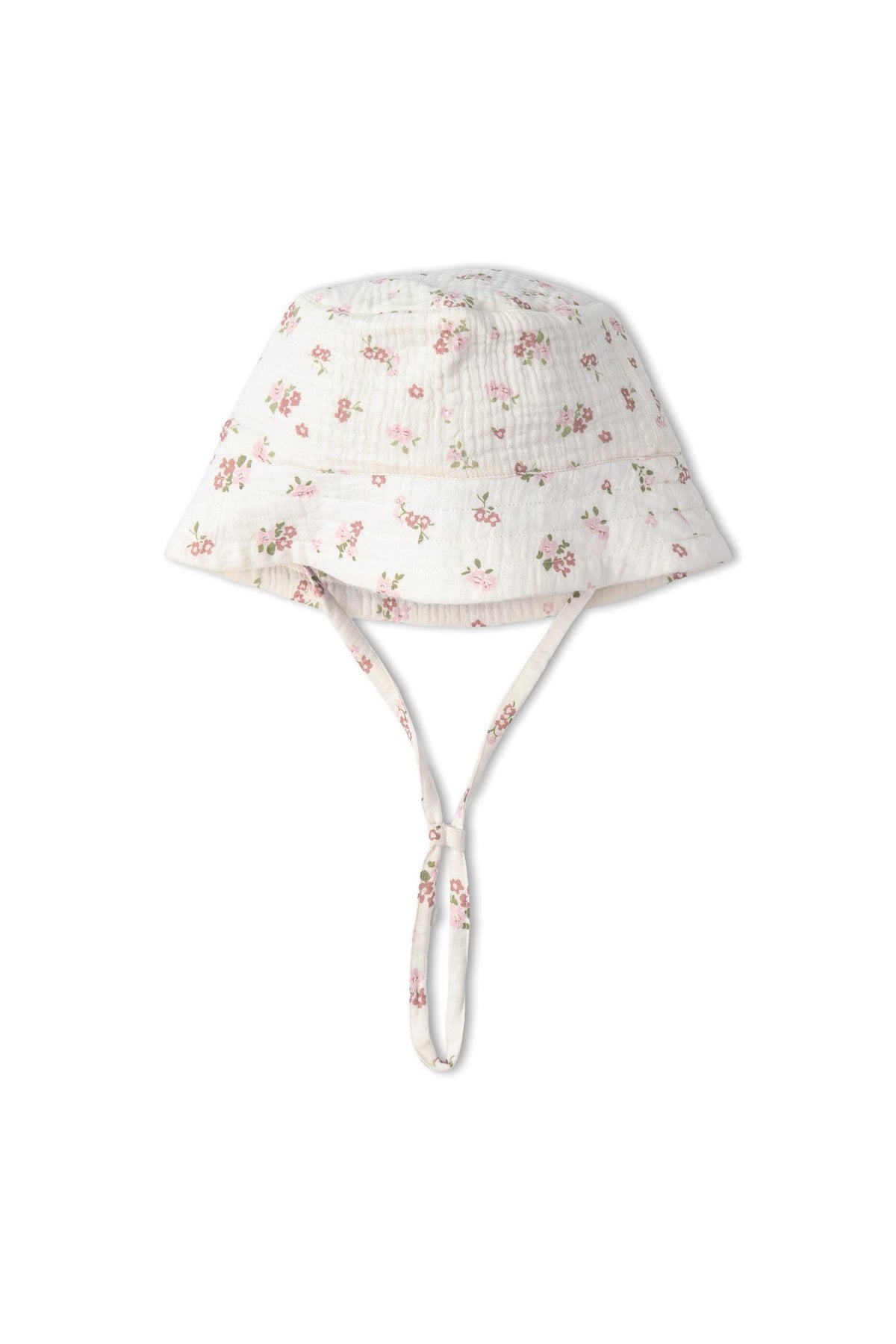 Organic bucket sun hat in blush floral design, made from soft, breathable organic cotton. Features a wide brim and adjustable straps, perfect for sun protection and outdoor activities.