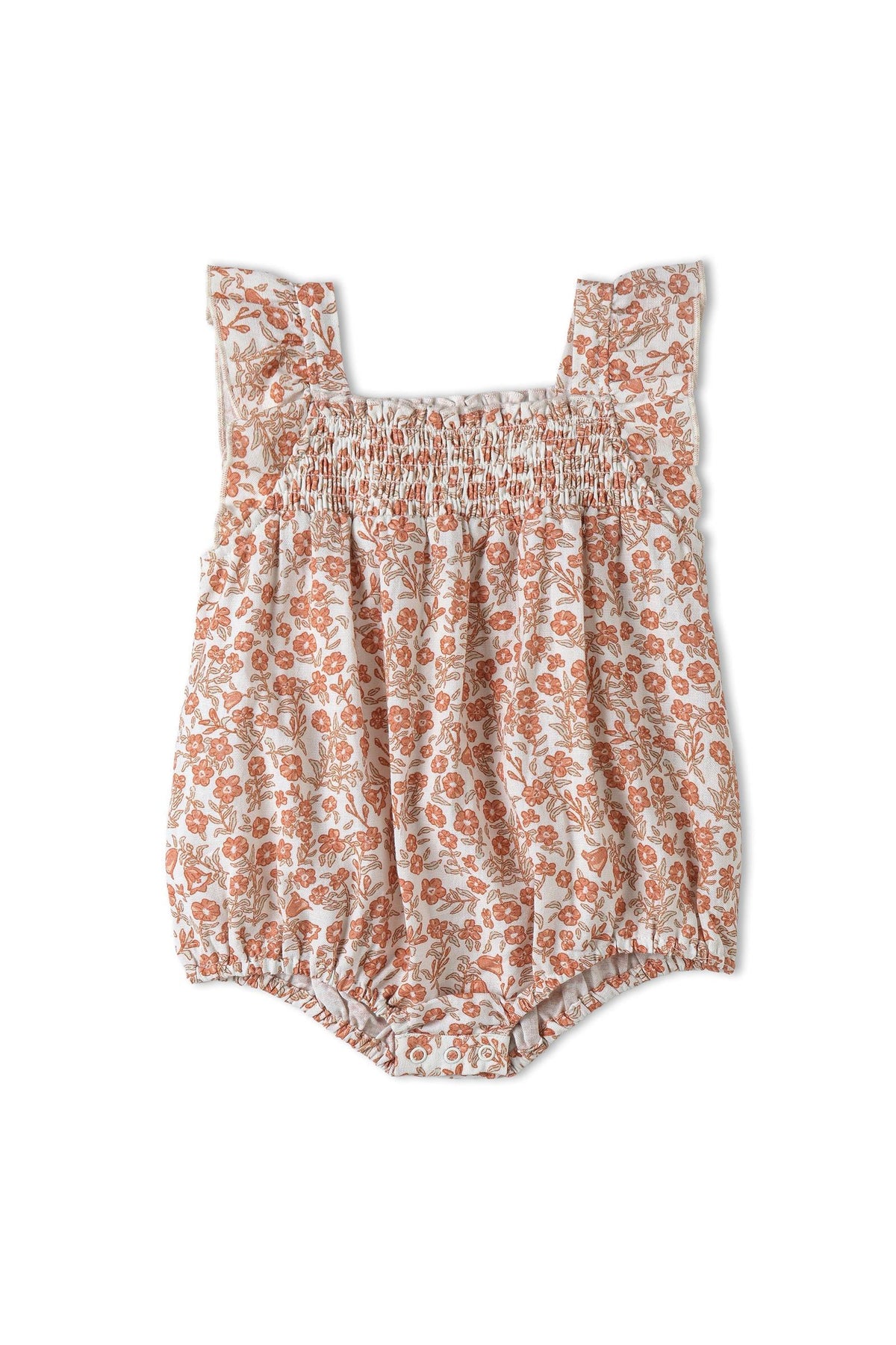 Lightweight organic cotton bubble romper in a floral pattern features ruffled sleeves and a smocked bodice. Ideal for warm weather play, this eco-friendly outfit is perfect for little ones.