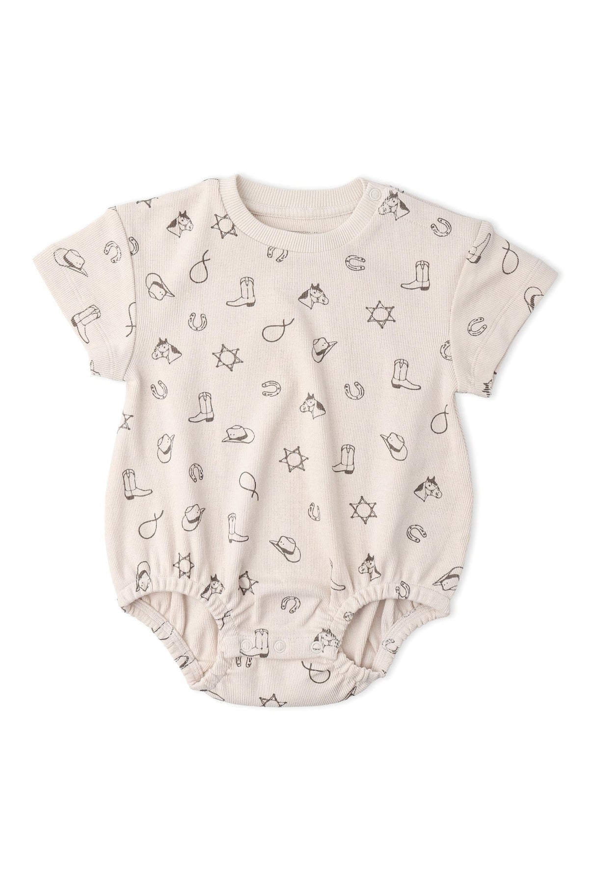 Light beige organic cotton bubble romper featuring playful cowboy-themed prints, including boots and hats. Ideal for comfortable, adventurous wear for babies, promoting sustainability and eco-friendly fashion.