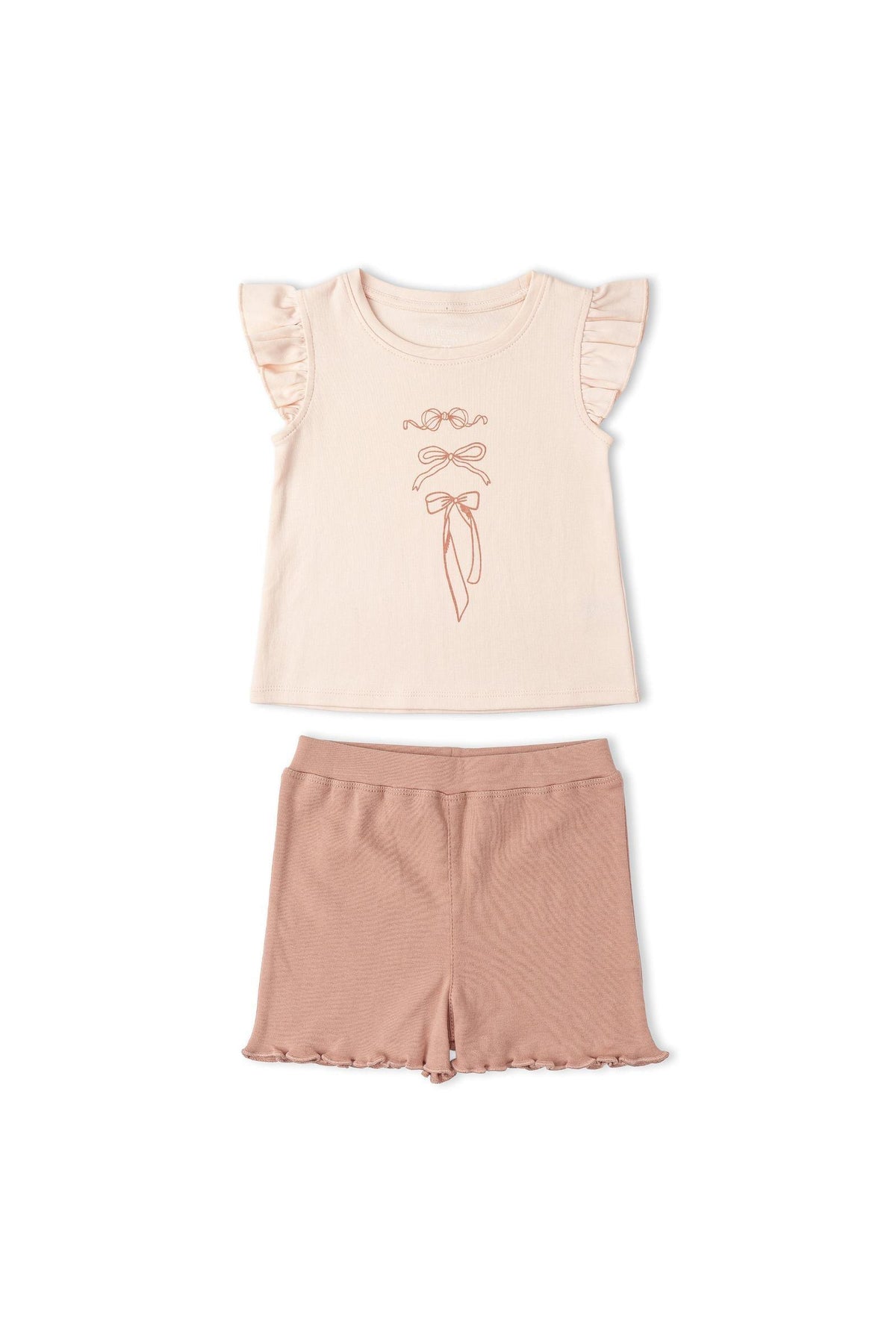 Light pink sleeveless flutter top with delicate bow print paired with matching ribbed shorts in a soft beige tone. Made from breathable organic cotton, its perfect for warm weather.