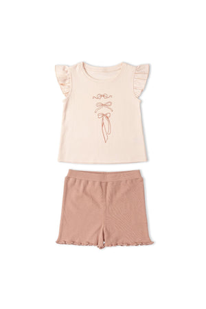 Light pink sleeveless flutter top with delicate bow print paired with matching ribbed shorts in a soft beige tone. Made from breathable organic cotton, its perfect for warm weather.