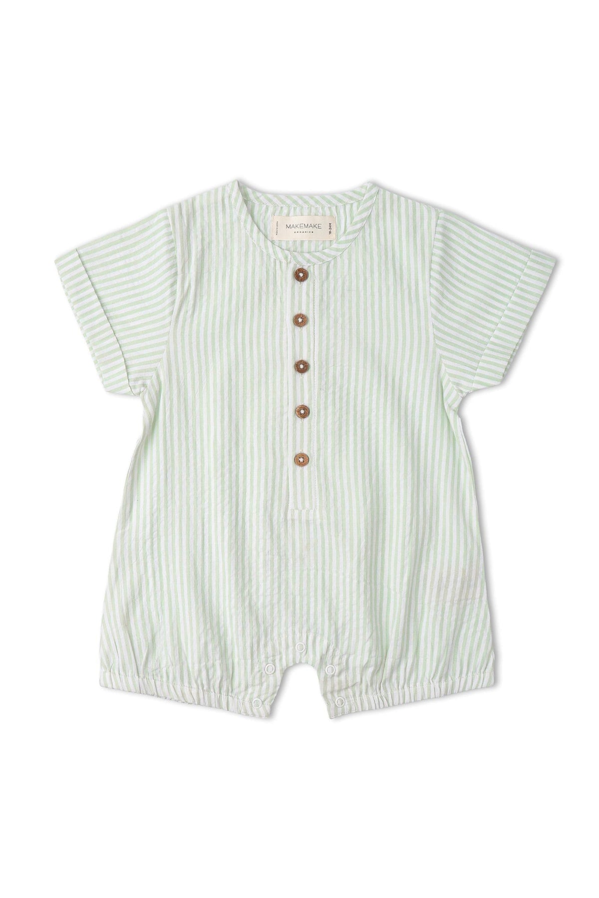 Light green short bubble romper with horizontal stripes, featuring a button-down front and relaxed fit. Made from soft organic cotton, its perfect for warm-weather comfort for young children.