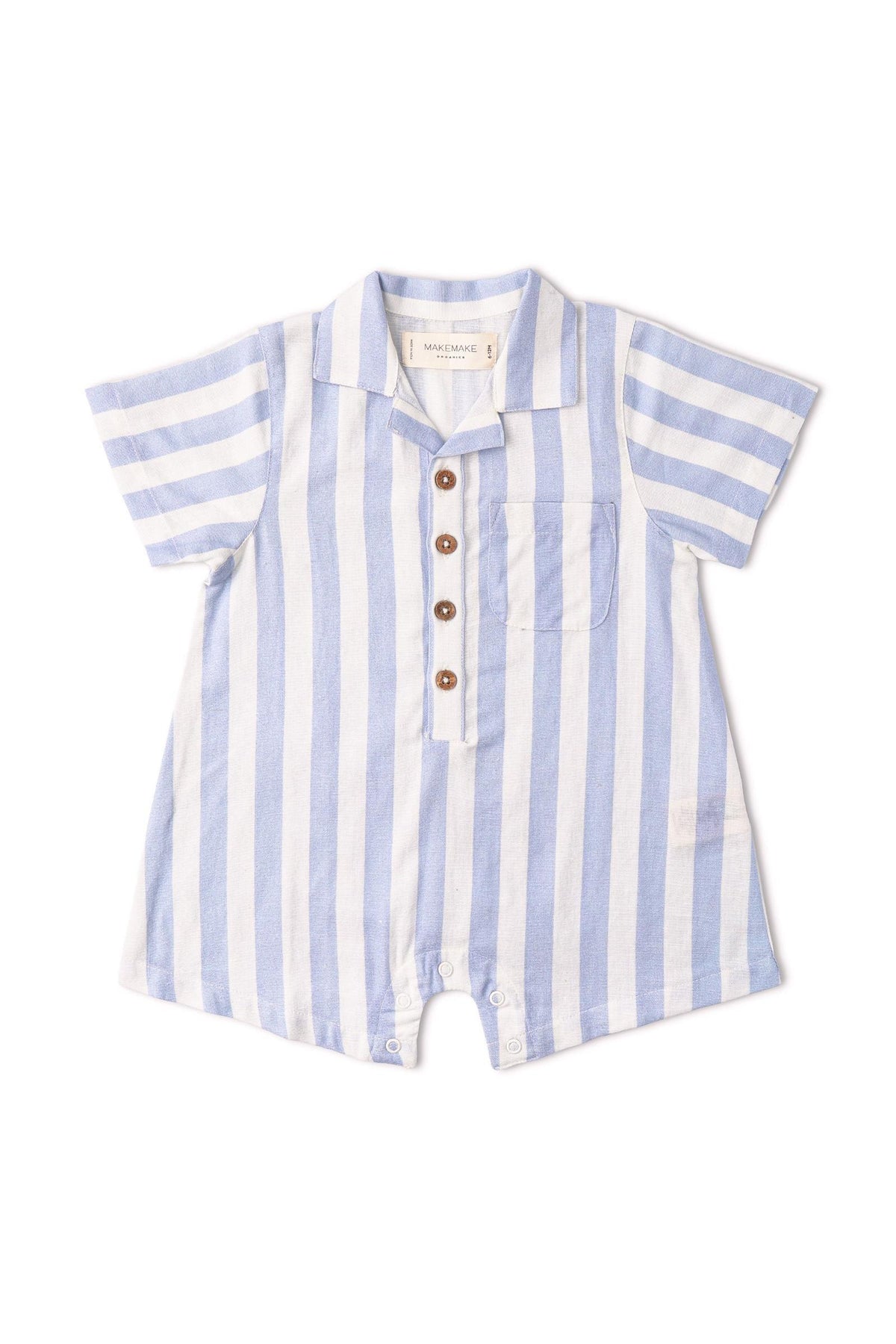 Organic collared romper in blue stripes made from a breathable linen-cotton blend. Features a smart collar, wooden buttons, and a comfortable fit, ideal for sunny days.