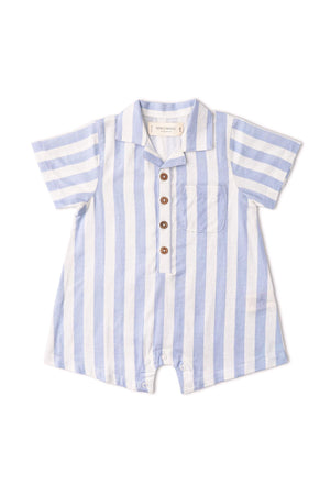 Organic collared romper in blue stripes made from a breathable linen-cotton blend. Features a smart collar, wooden buttons, and a comfortable fit, ideal for sunny days.