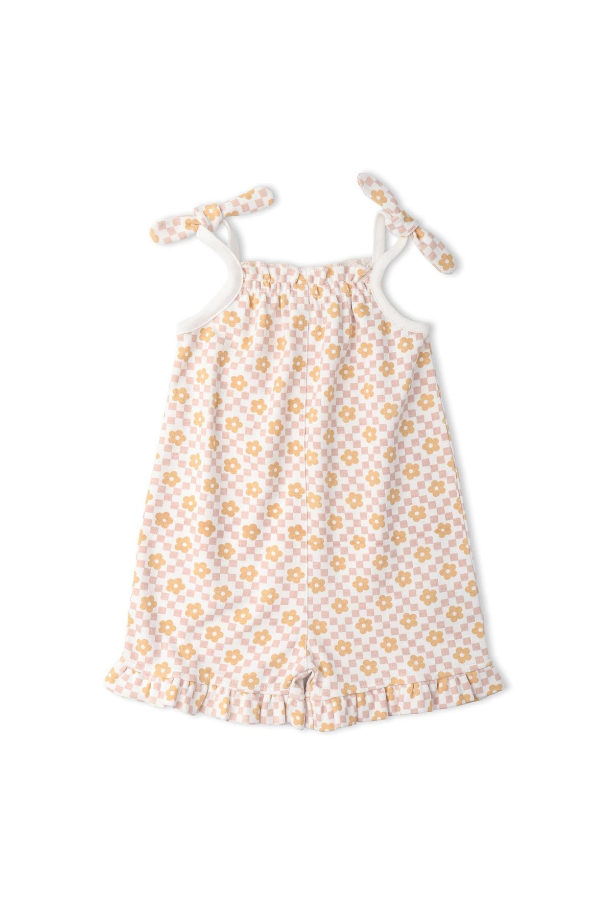 Organic Ruffle Jumpsuit in Pop Floral features a soft, lightweight fabric adorned with a cheerful floral print in yellow and white.